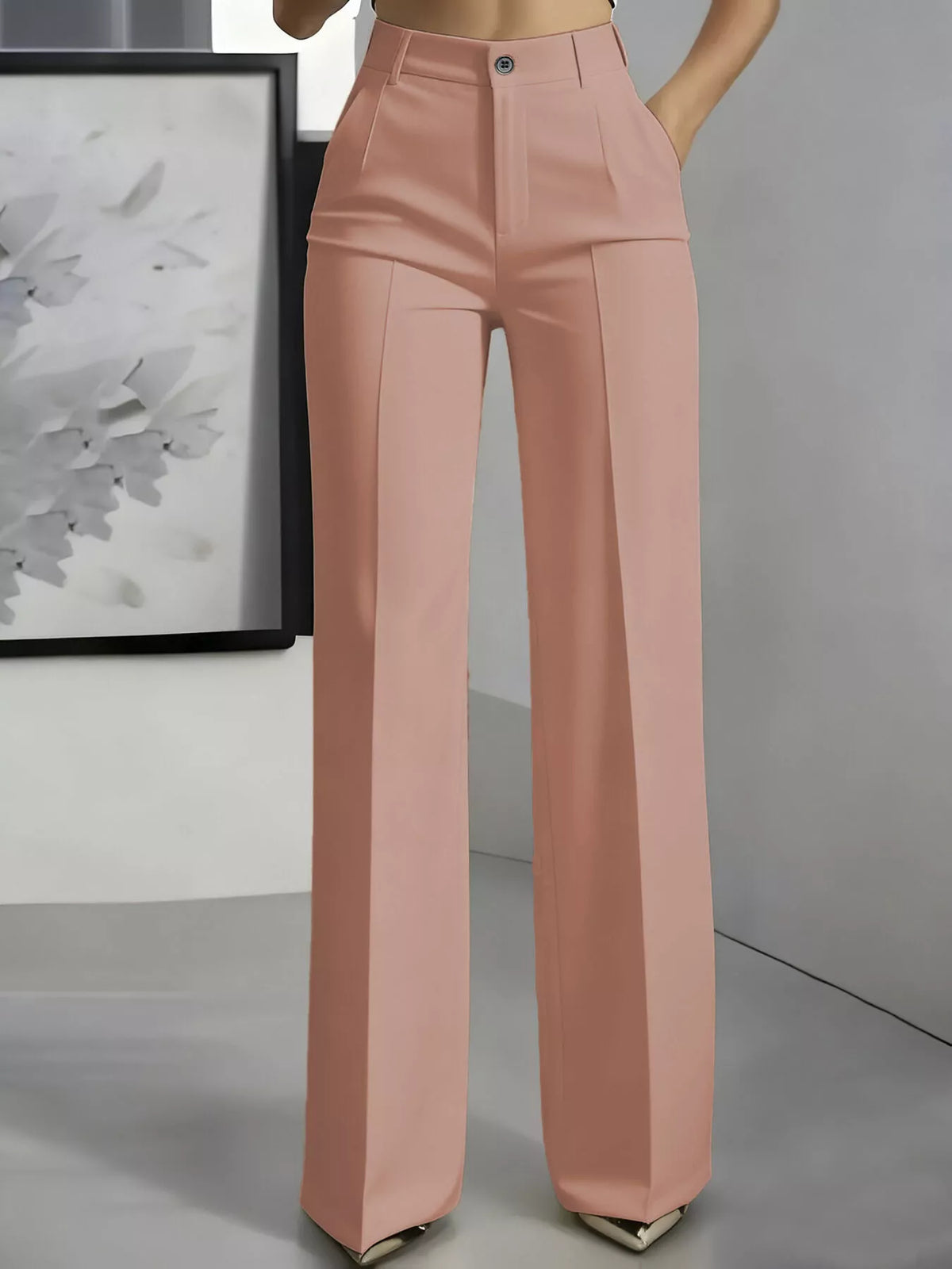 Pink high-waisted wide-leg pants, front view