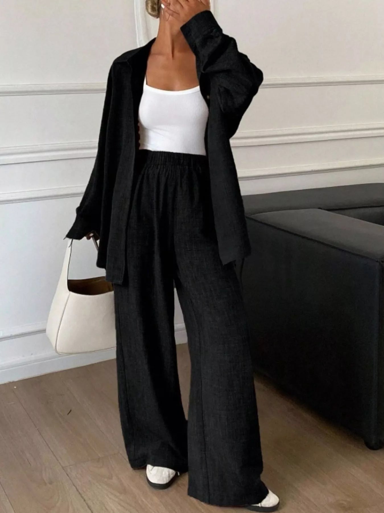Trendsi Button Up Long Sleeve Shirt and Wide Leg Pants Set -