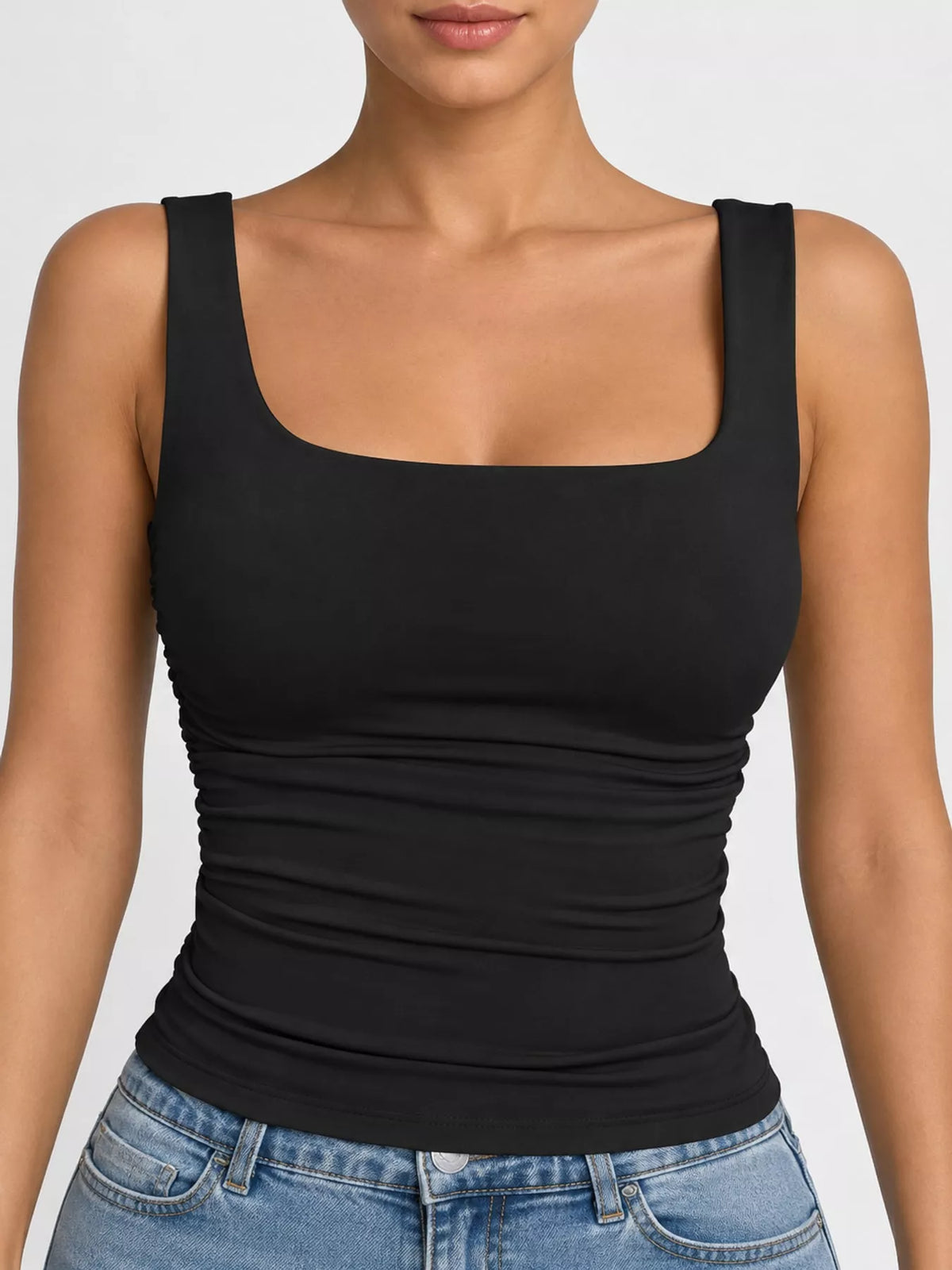 Black square neck ruched slim fit tank top, front view