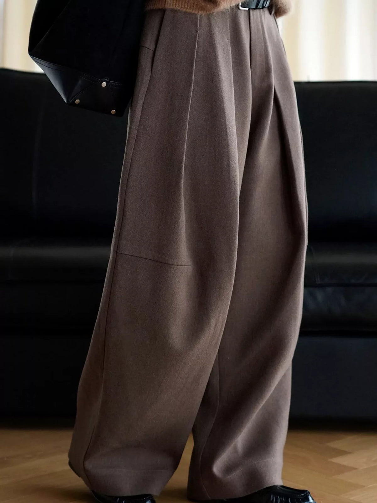 Pleated Wide-Leg Pants in brown, side view
