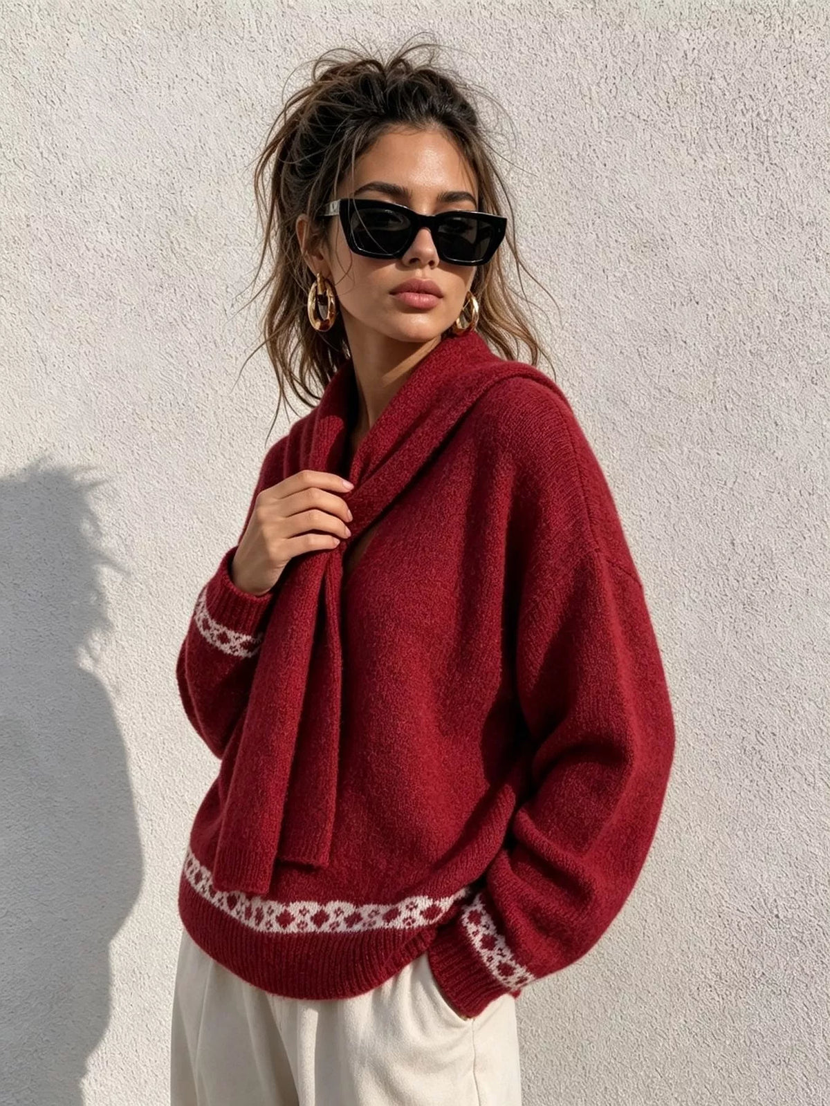 Red scarf-detail dropped-shoulder sweater, angled front view.
