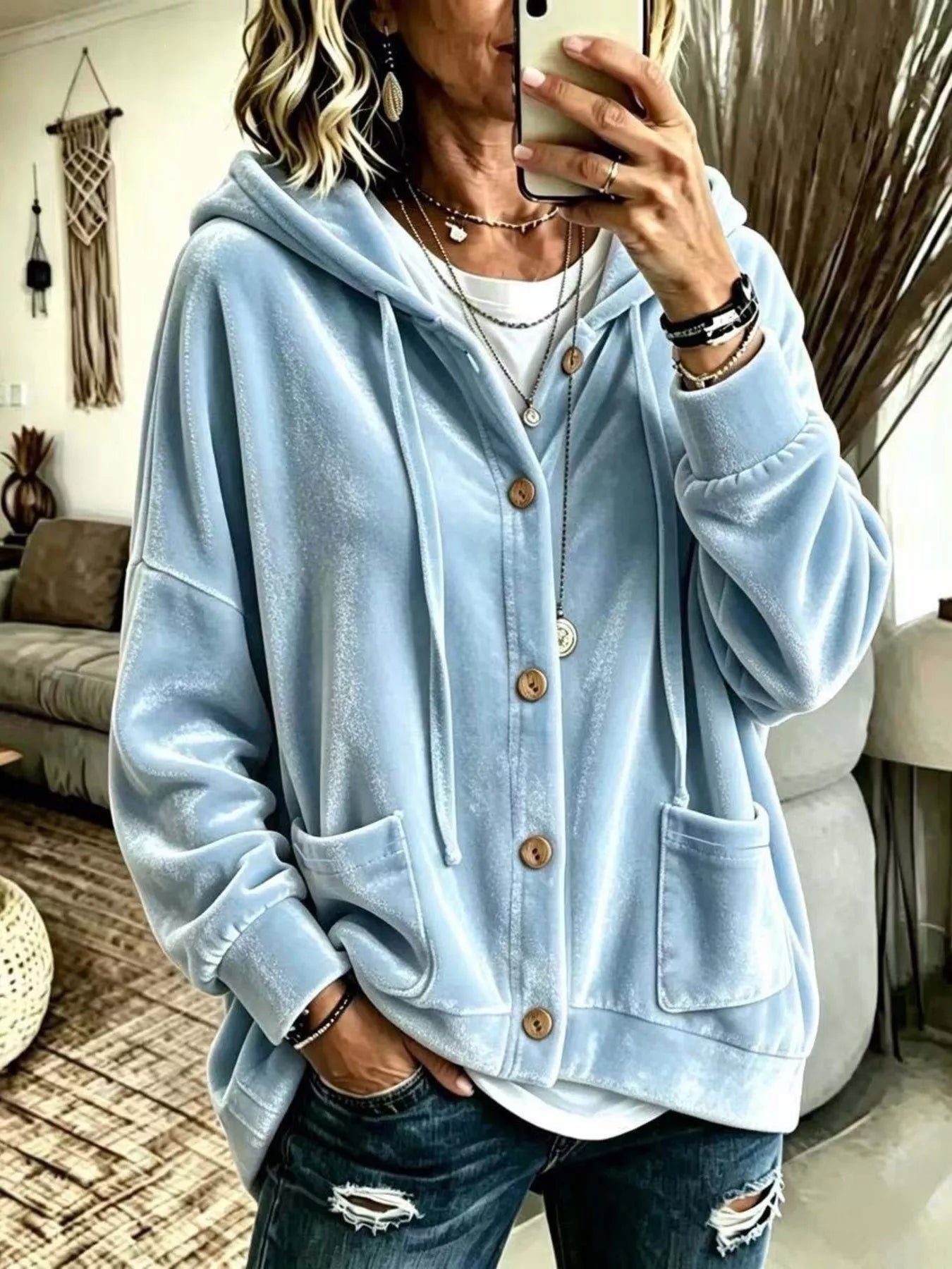 Trendsi Full Size Casual Button-Down Hooded Outerwear Plus Size -