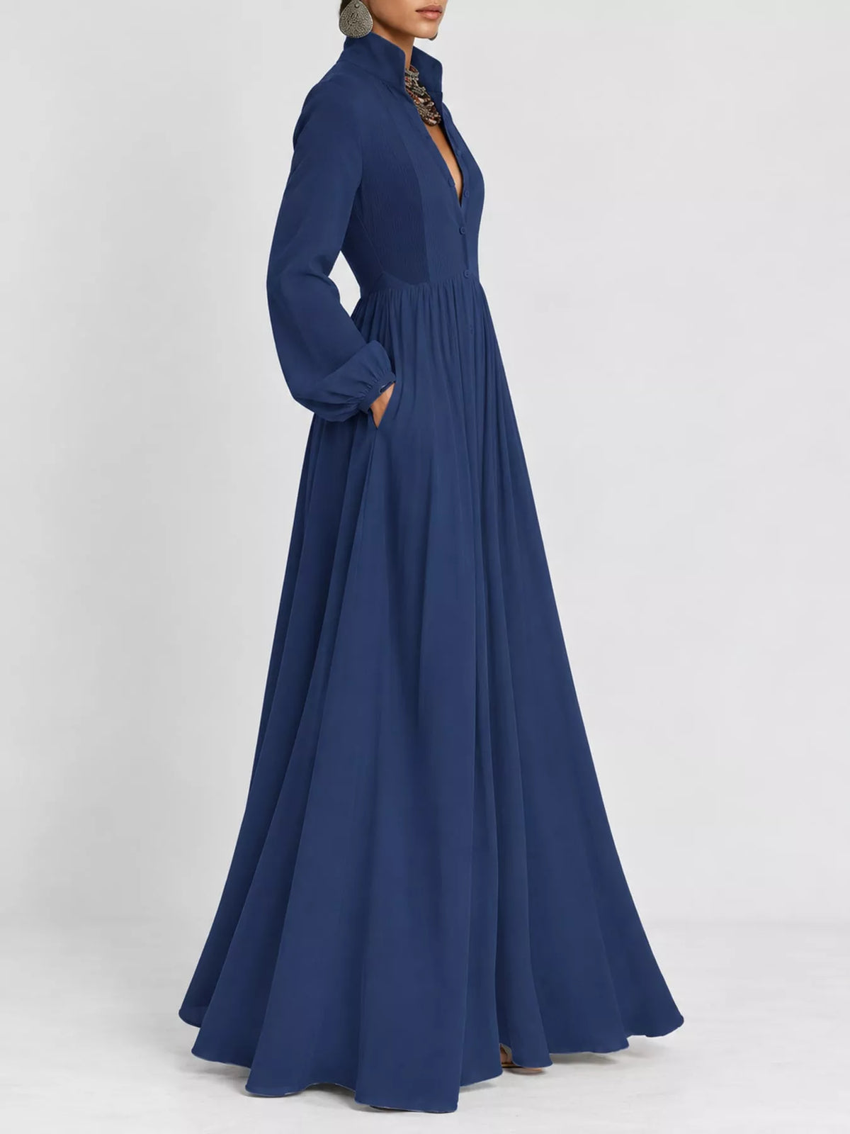 Blue long sleeve button-front maxi dress