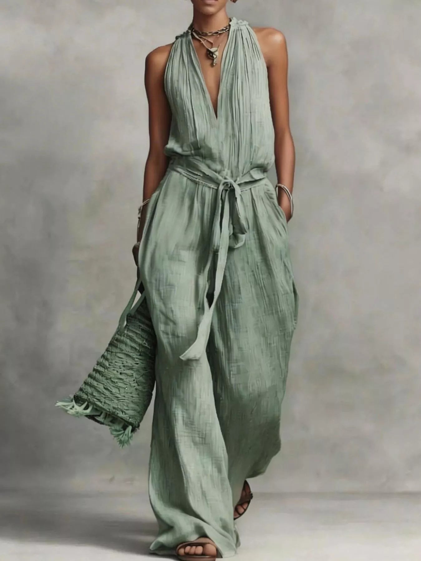 Trendsi Sleeveless Wide-Leg Jumpsuit with Tie-Waist -