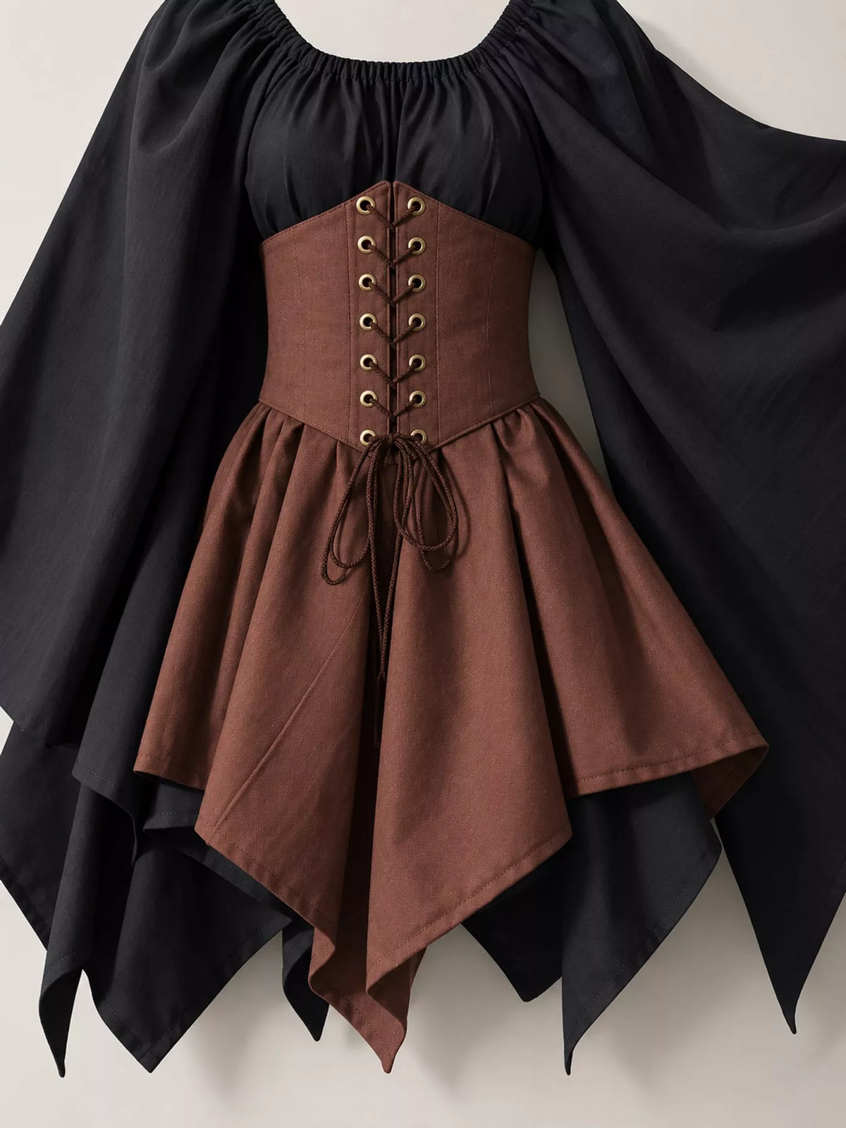 Lace-up asymmetric dress, black brown lace up bodice detail