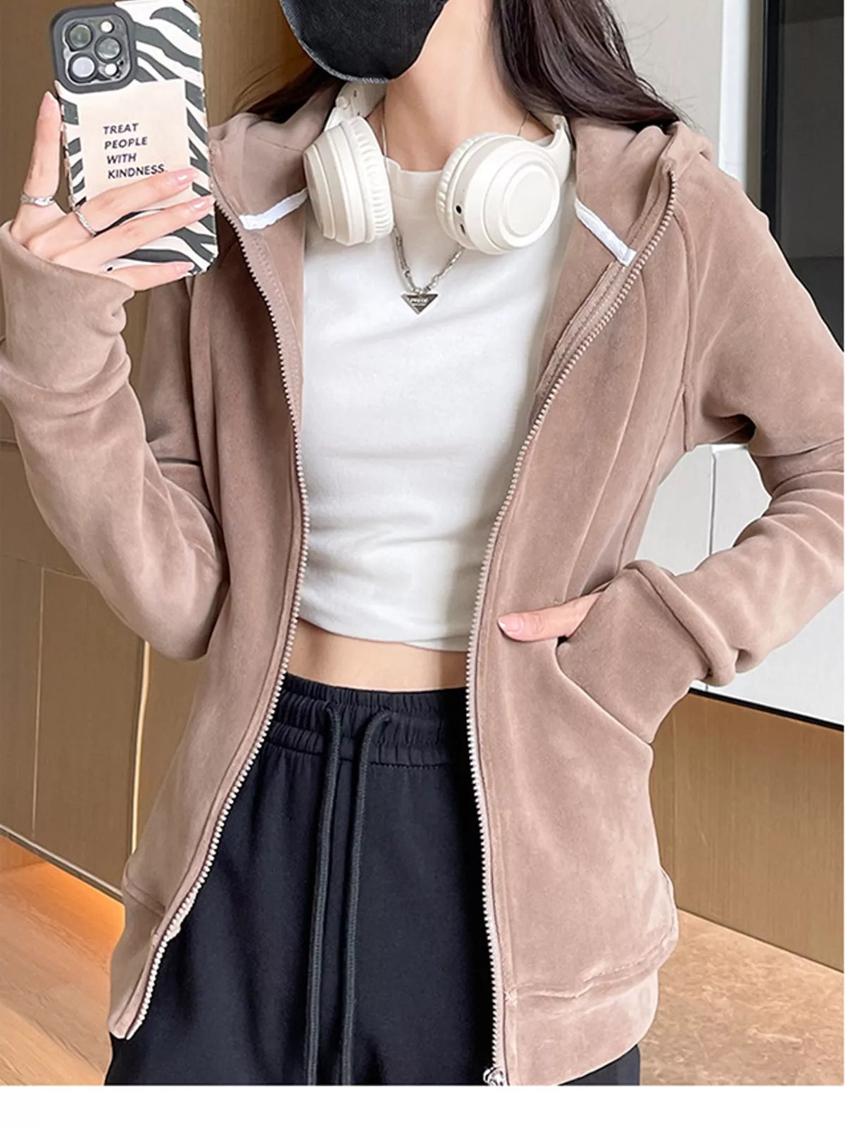 Slim-Fit Full-Zip Thumb Hole Long Sleeve Hoodie with Pockets — front view