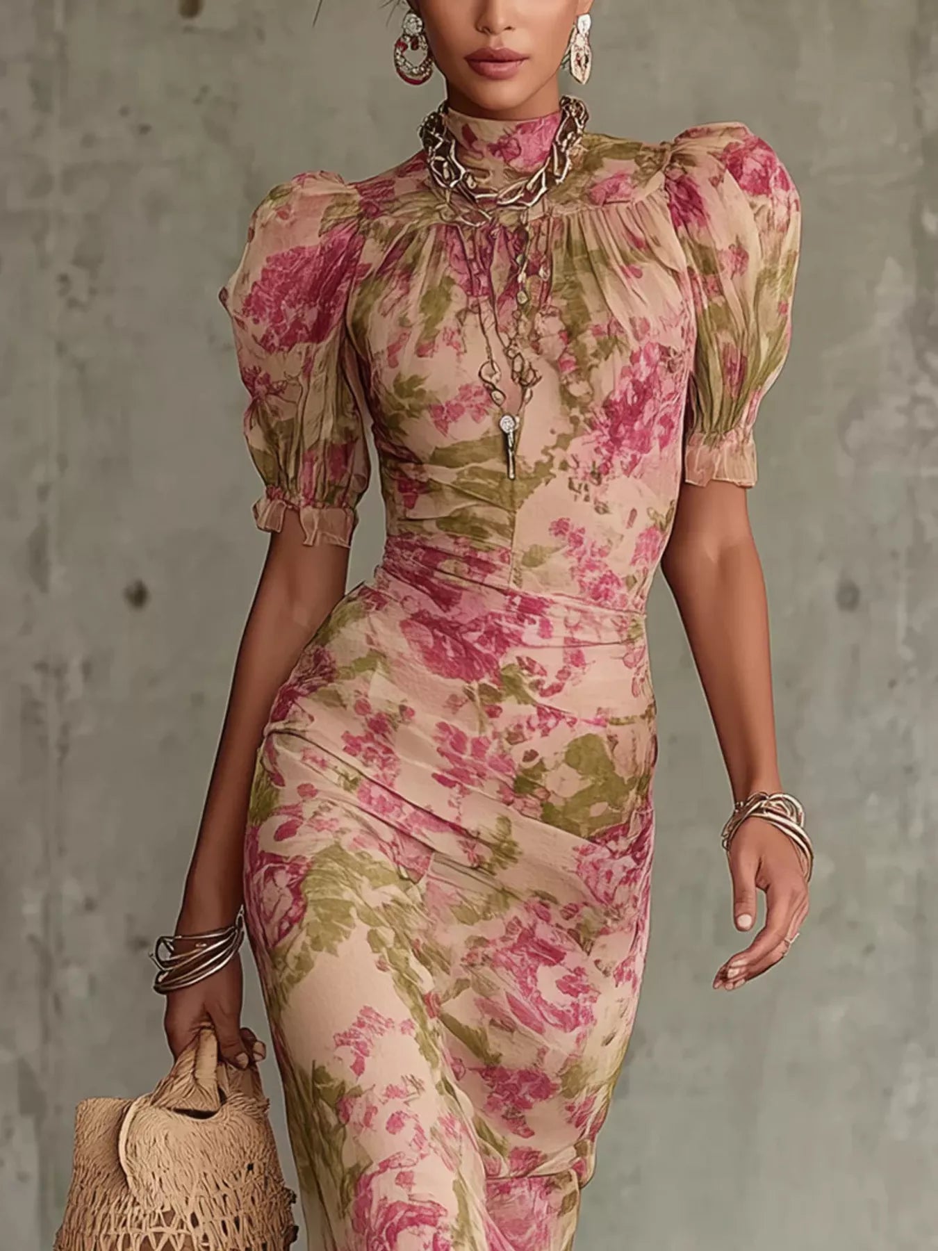 Floral high-neck puff-sleeve ruffle-hem maxi dress
