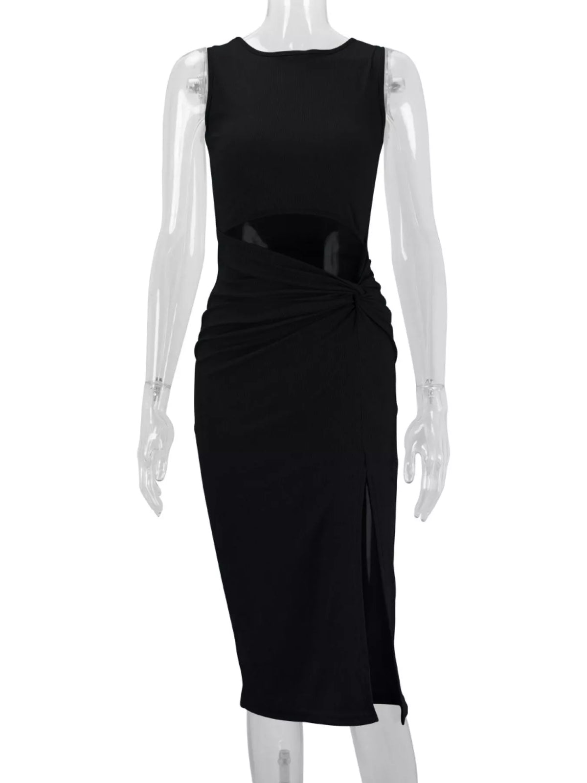 Women's Sleeveless Cut-Out Ruched High-Slit Bodycon Dress in black — mannequin front view
