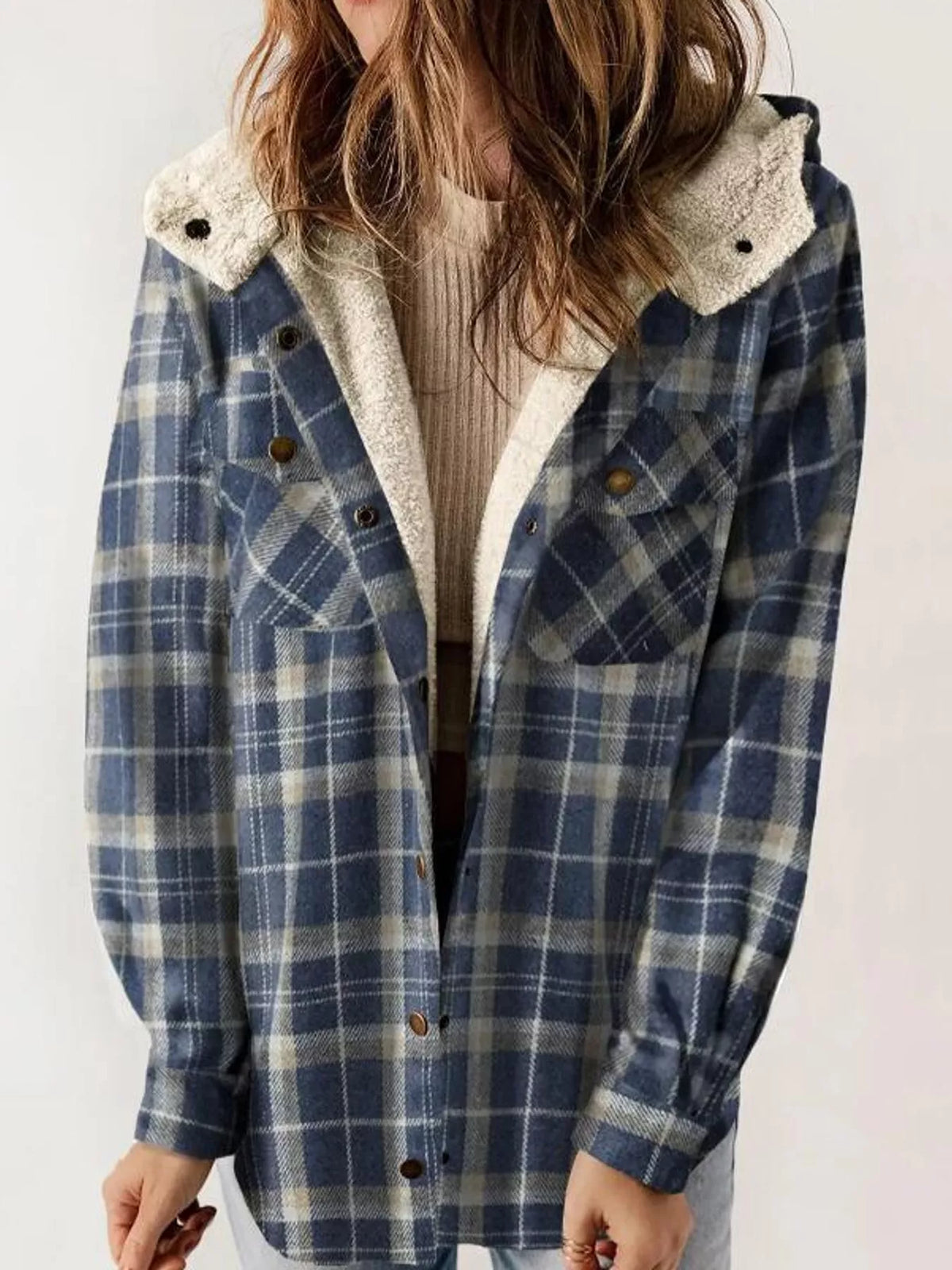 Blue Grid sherpa-lined plaid hooded jacket