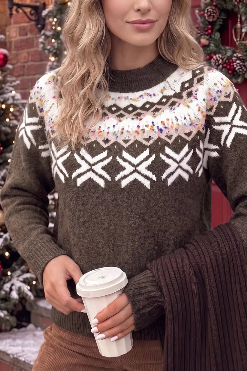 Women's Geometric Round Neck Sweater with Colorful Confetti Accents in brown — front view