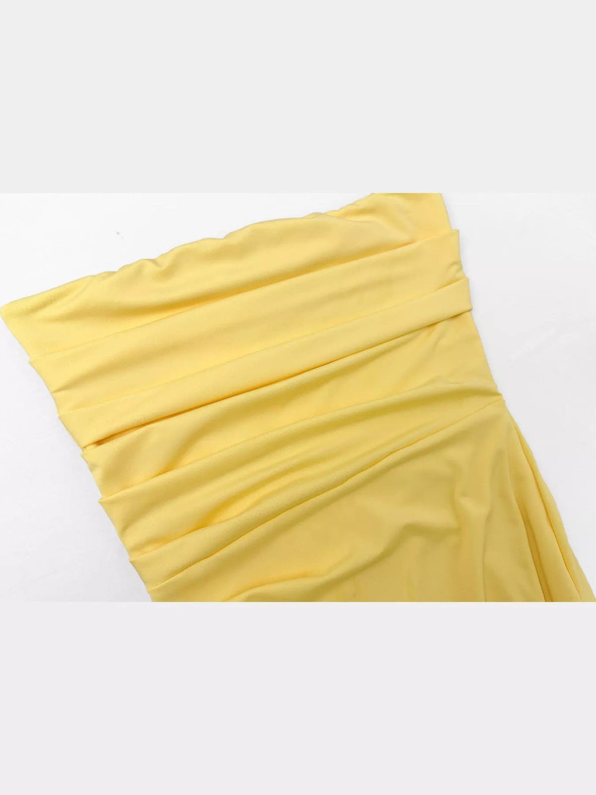 Yellow strapless high slit bodycon maxi evening dress, detail view