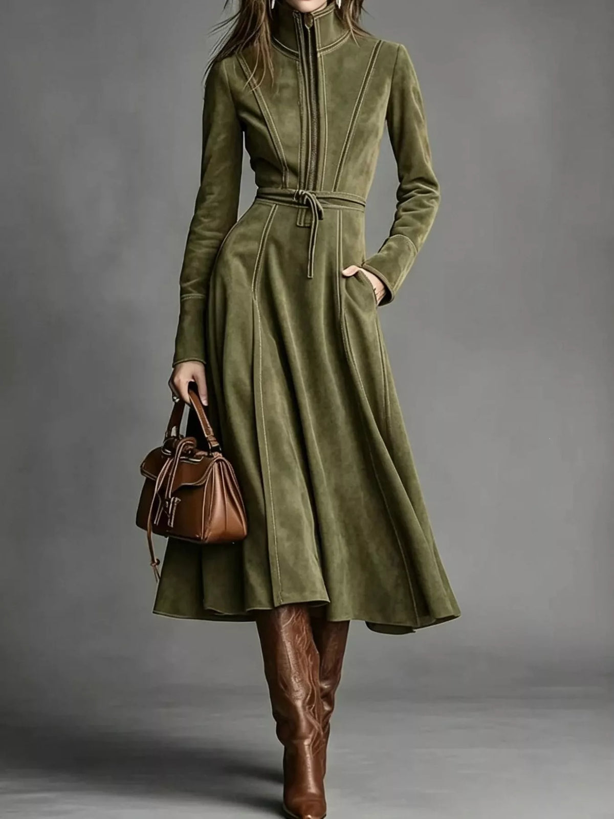 Green zipper front midi dress, front view