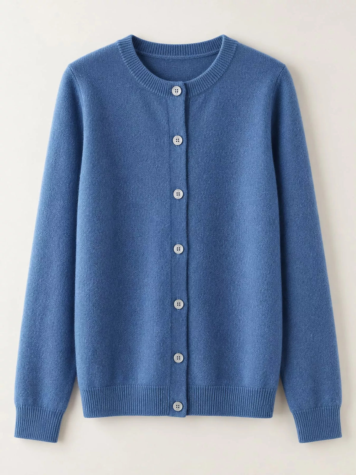 Blue crew neck button-front cardigan, product view