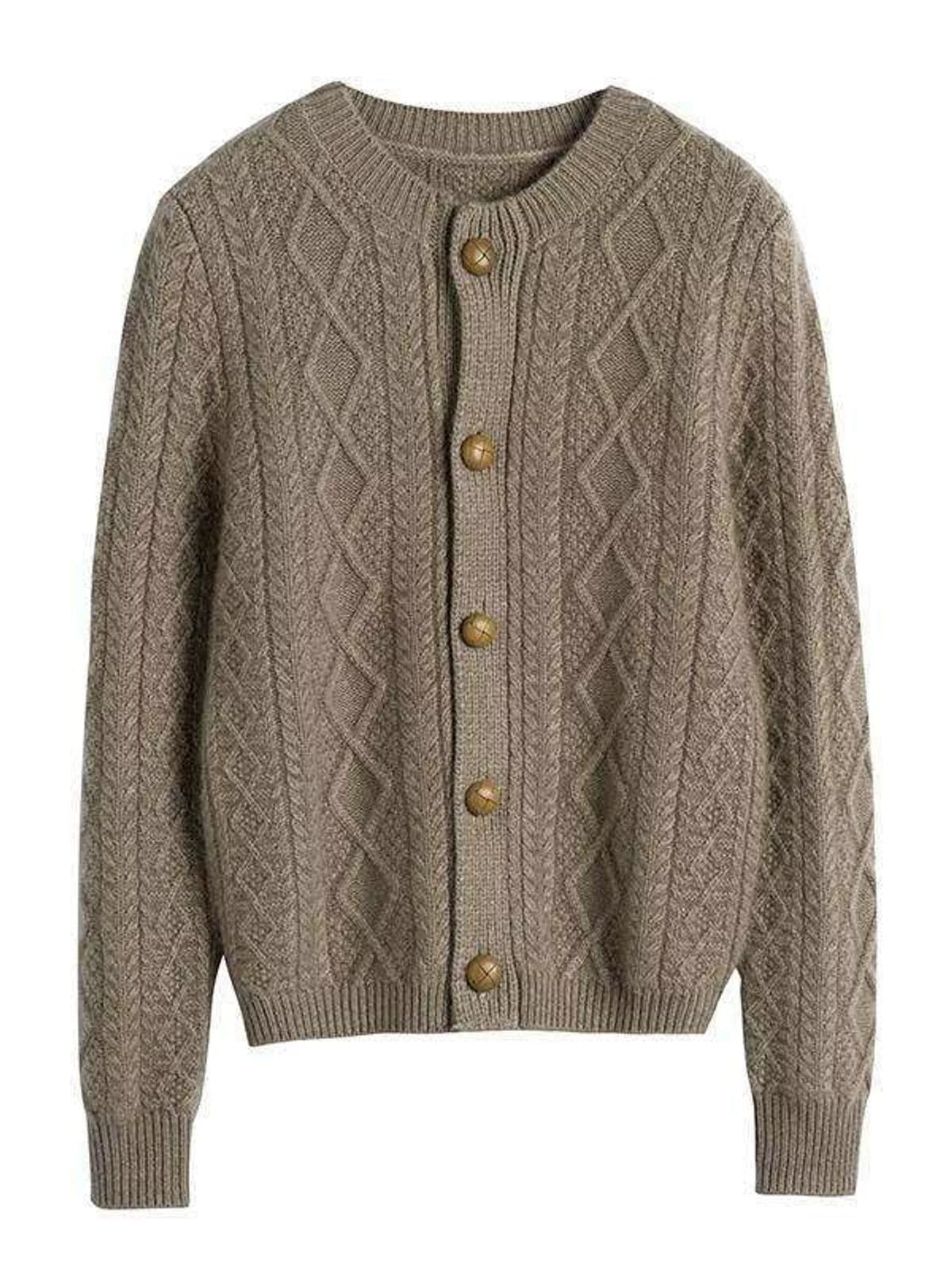 Camel cable-knit button-down cardigan