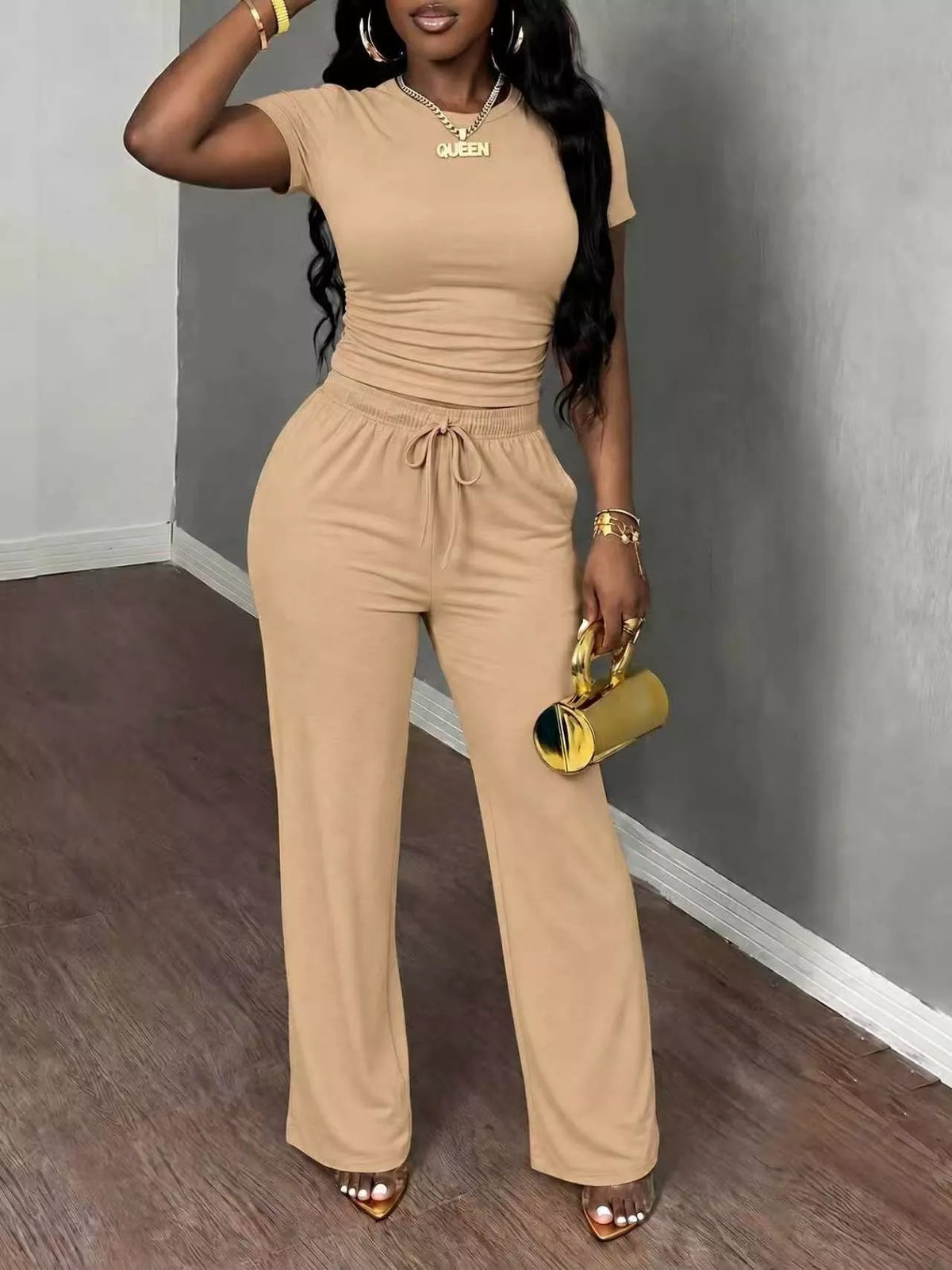 Light Brown Short Sleeve Top and Wide-Leg Pants Set, front view