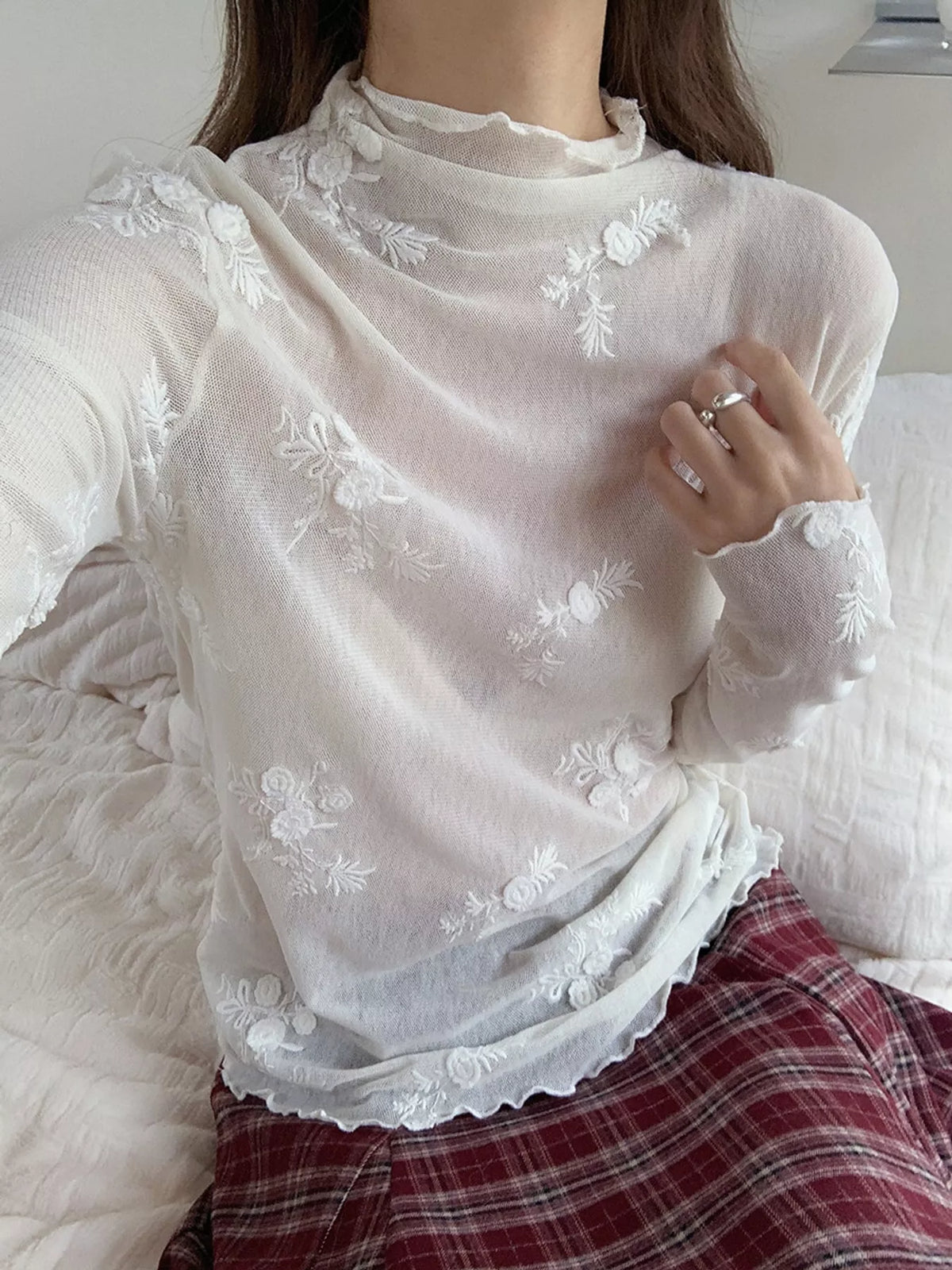 Sheer Floral Embroidered Mock Neck Blouse — front view