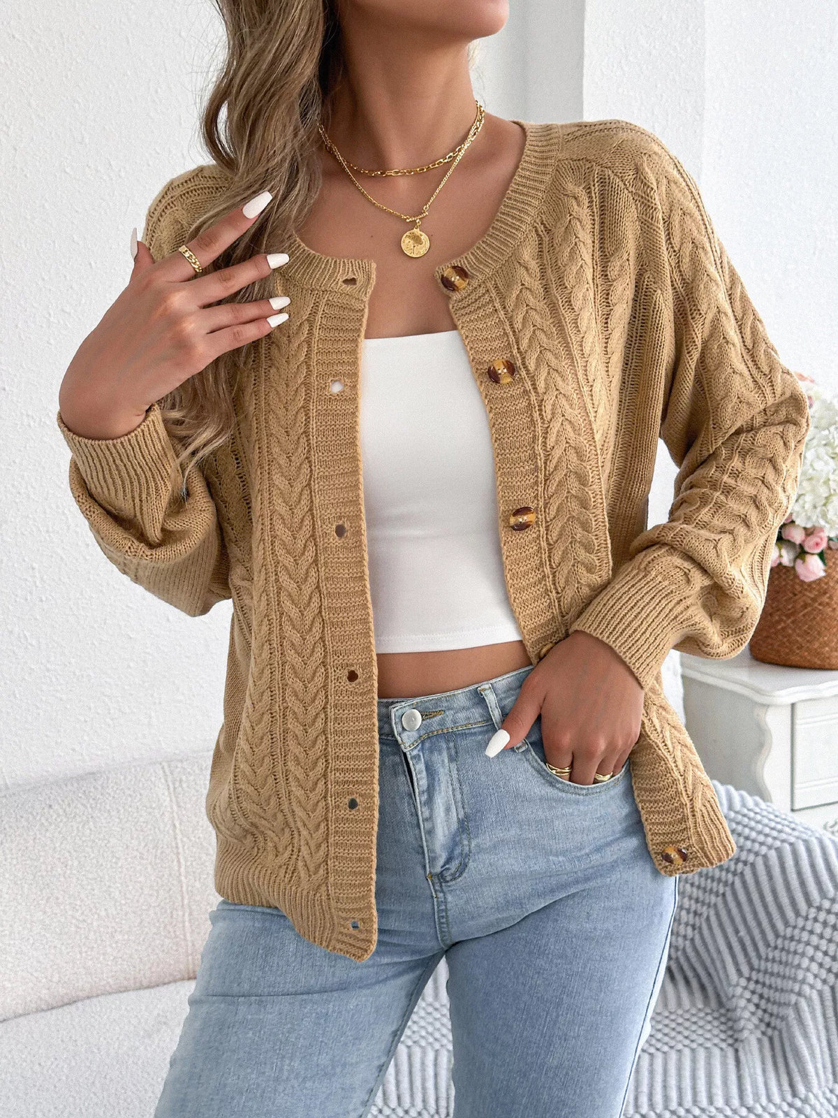 Khaki Color cable knit button-front cardigan