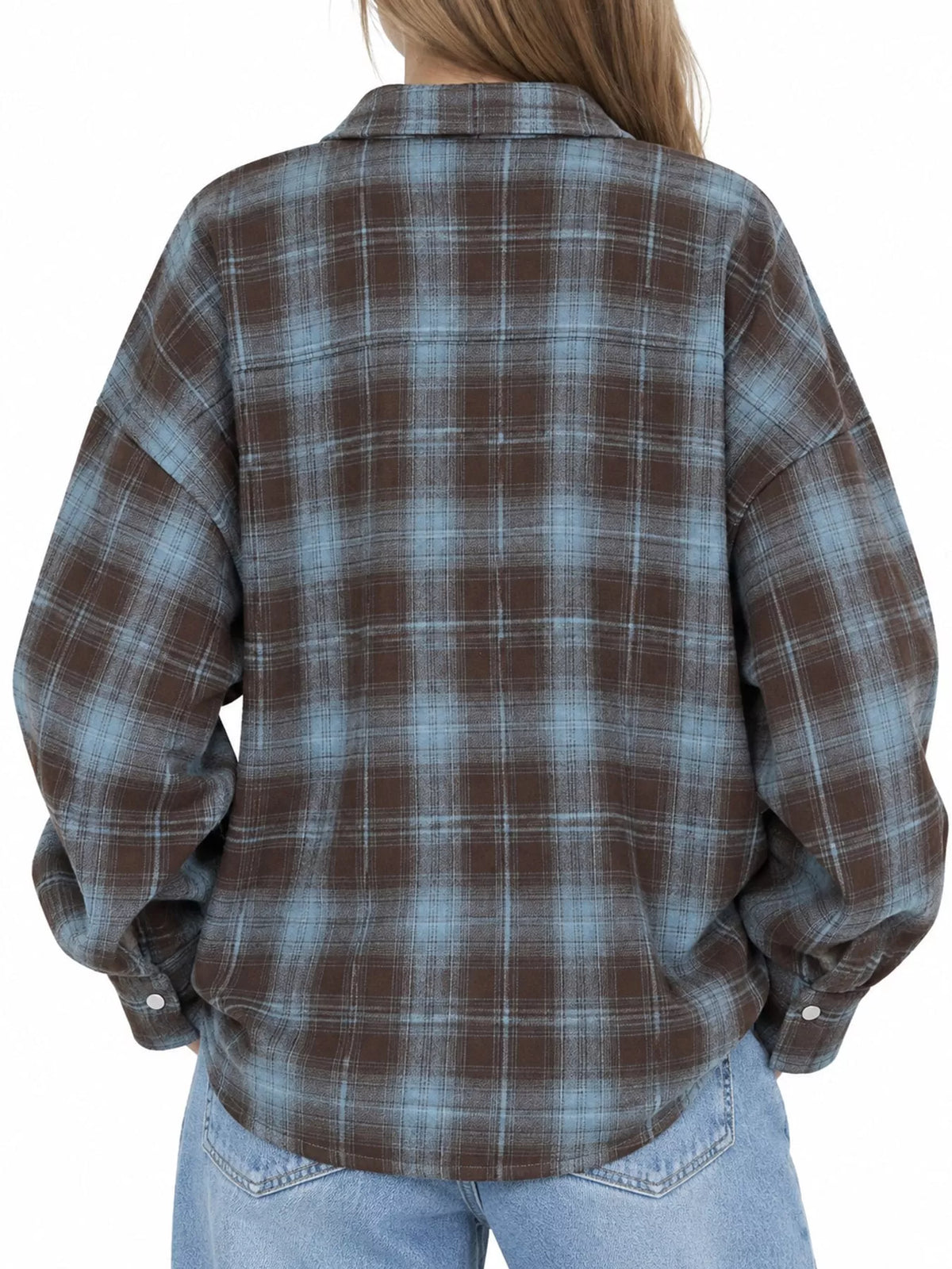 Blue and brown plaid button-up shirt with chest pockets, back view