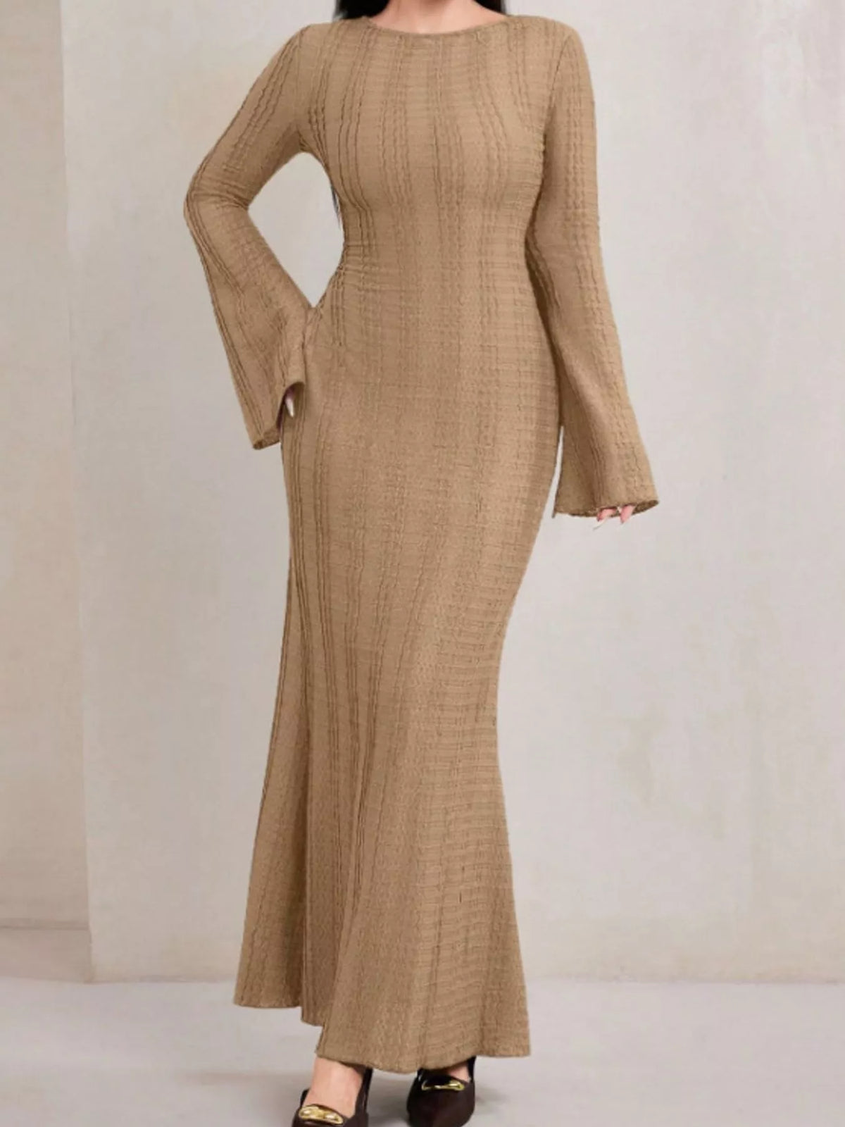 Textured Flare Sleeve Bodycon Maxi Dress in camel