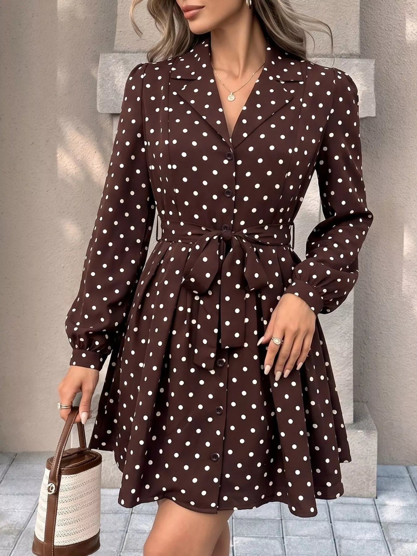 Trendsi Polka Dot Long Sleeve Shirt Dress -