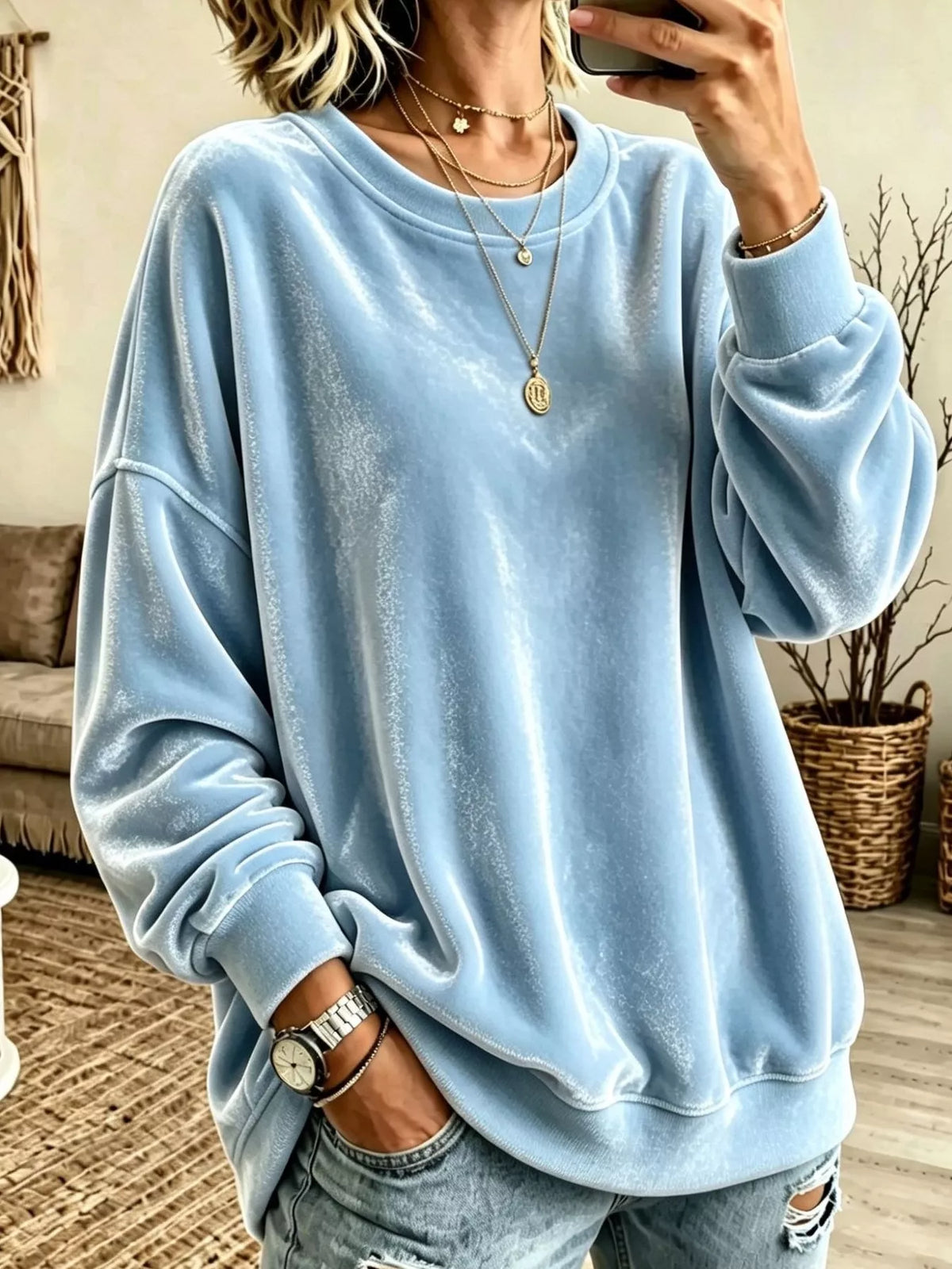 Women's Velvet Dropped Shoulder Crew Neck Sweatshirt in light blue — front view