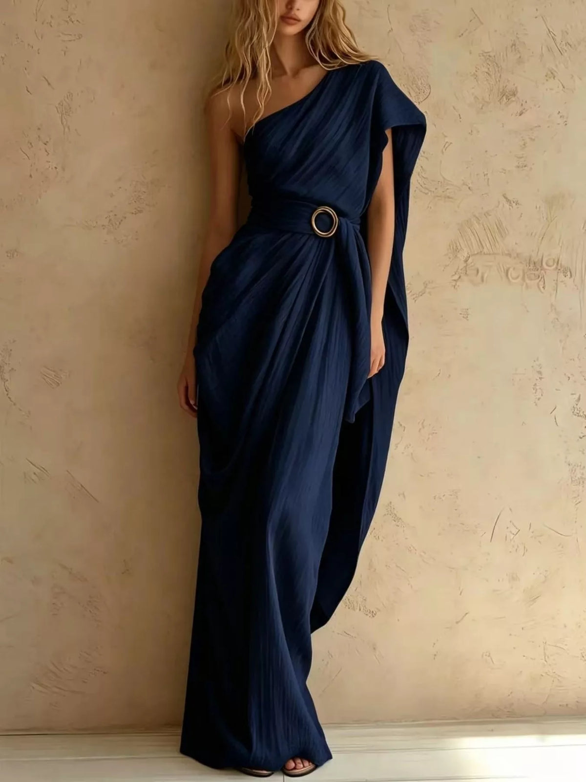 Navy one-shoulder draped maxi dress, full front view