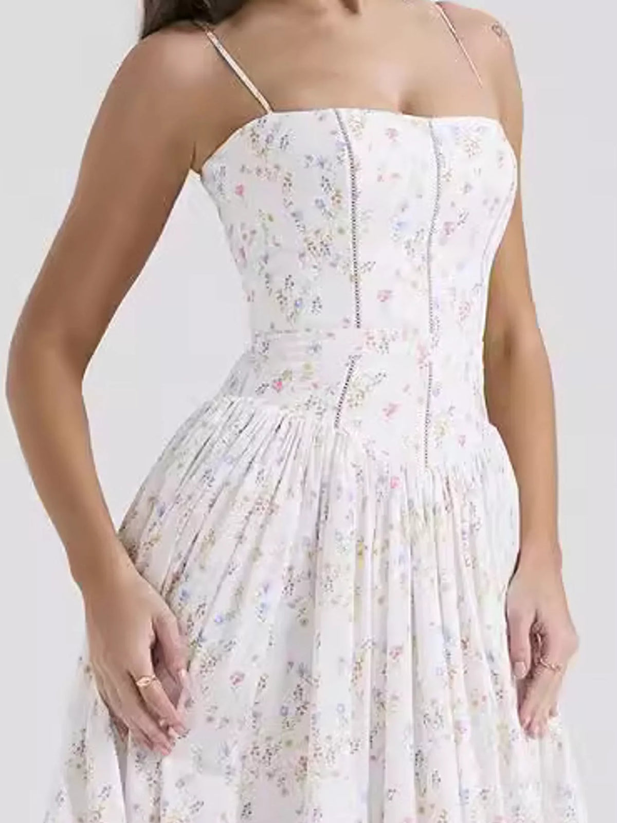 Women's Paneled Bodice Gathered Midi Dress in small floral — bodice detail view
