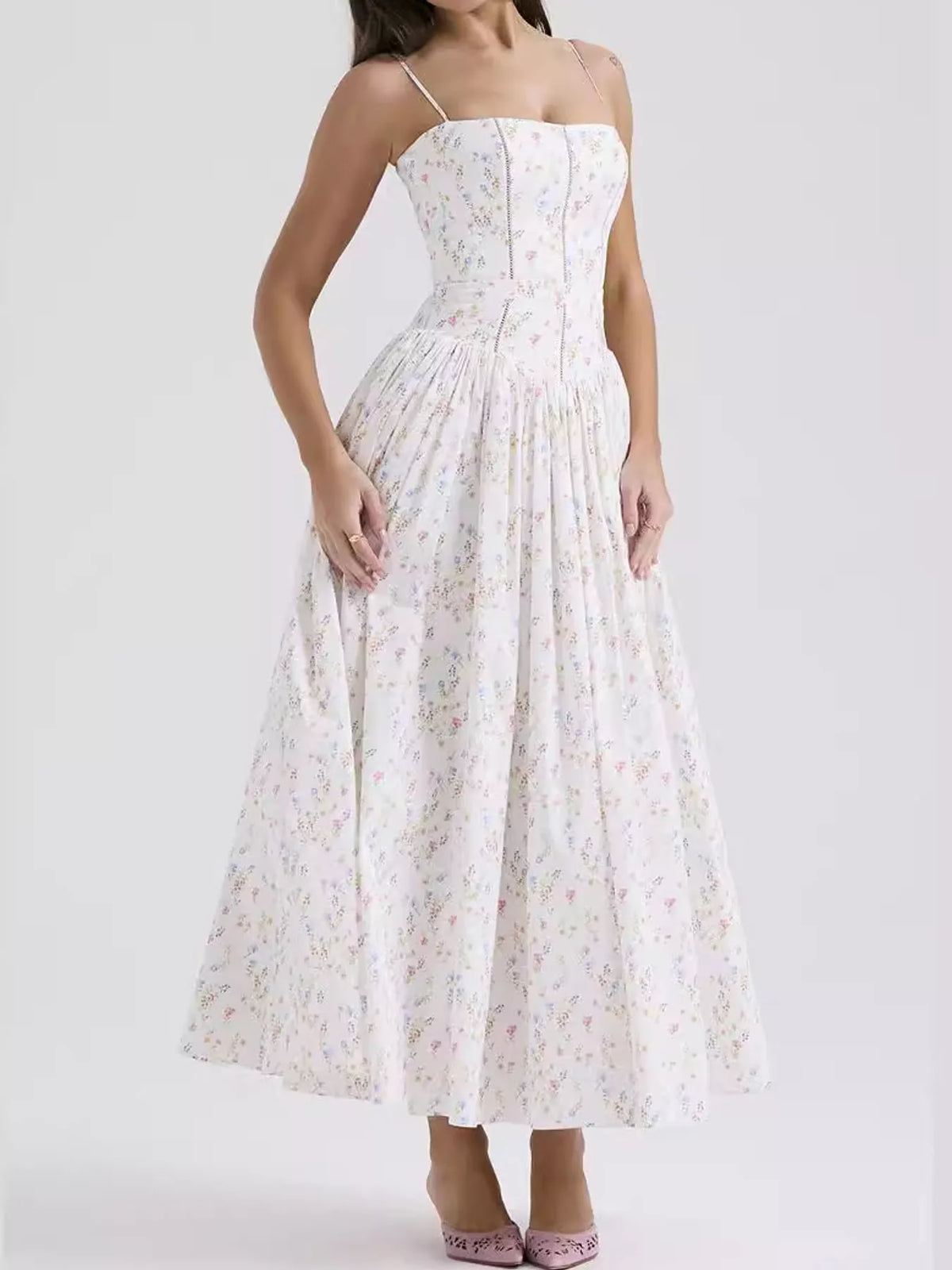 Women's Paneled Bodice Gathered Midi Dress in small floral — front view