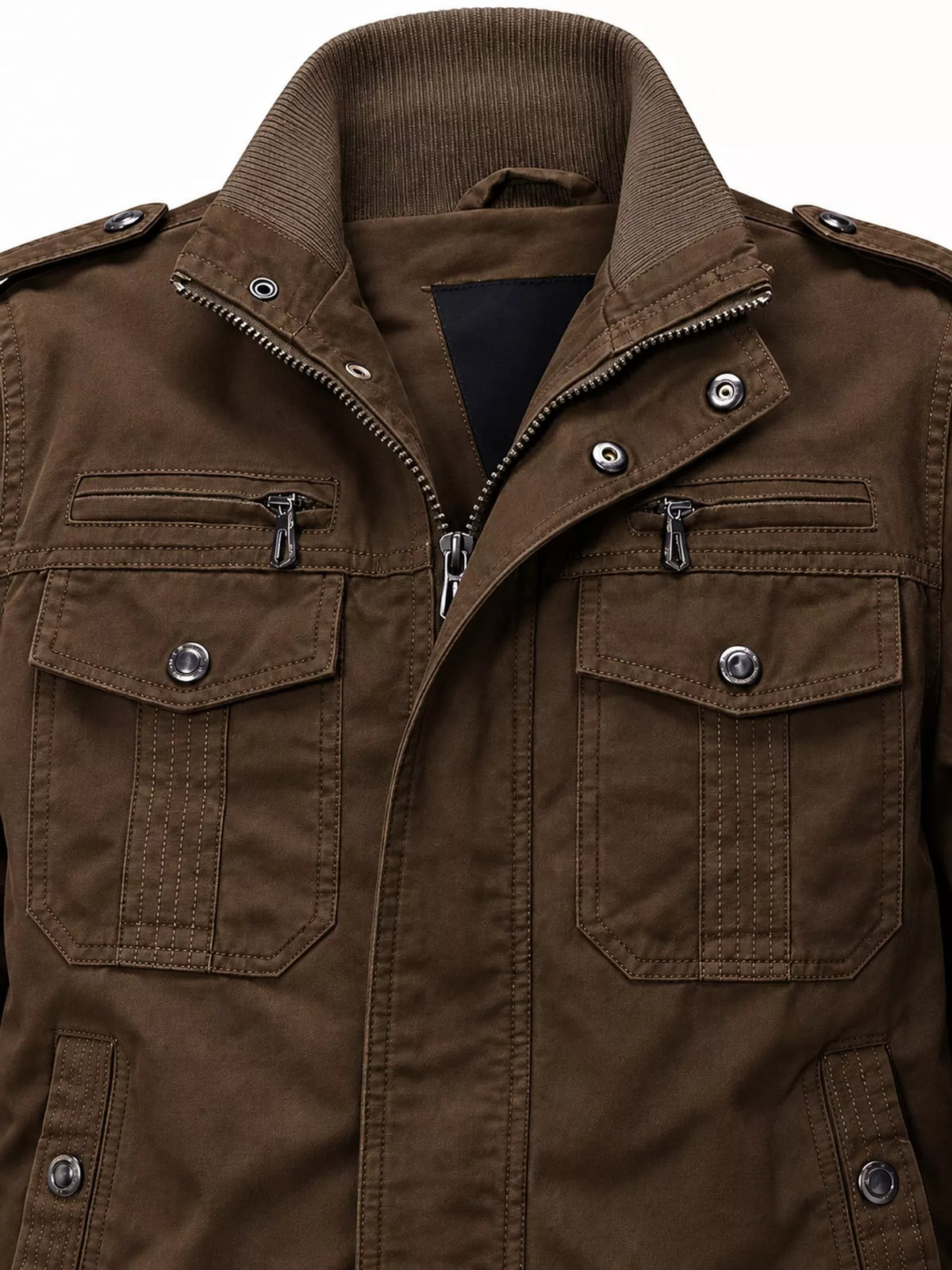 Multi-Pocket Tactical Bomber Jacket — garment construction details