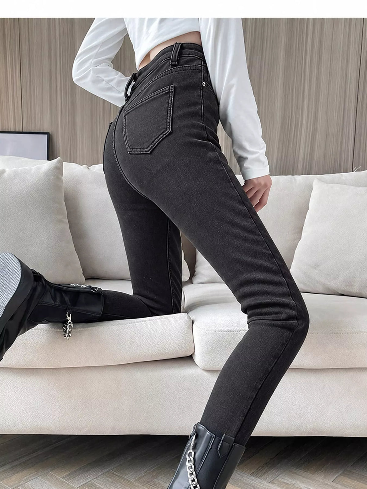High-Waisted Slim-Fit Stretch Fleece Jeans — side view