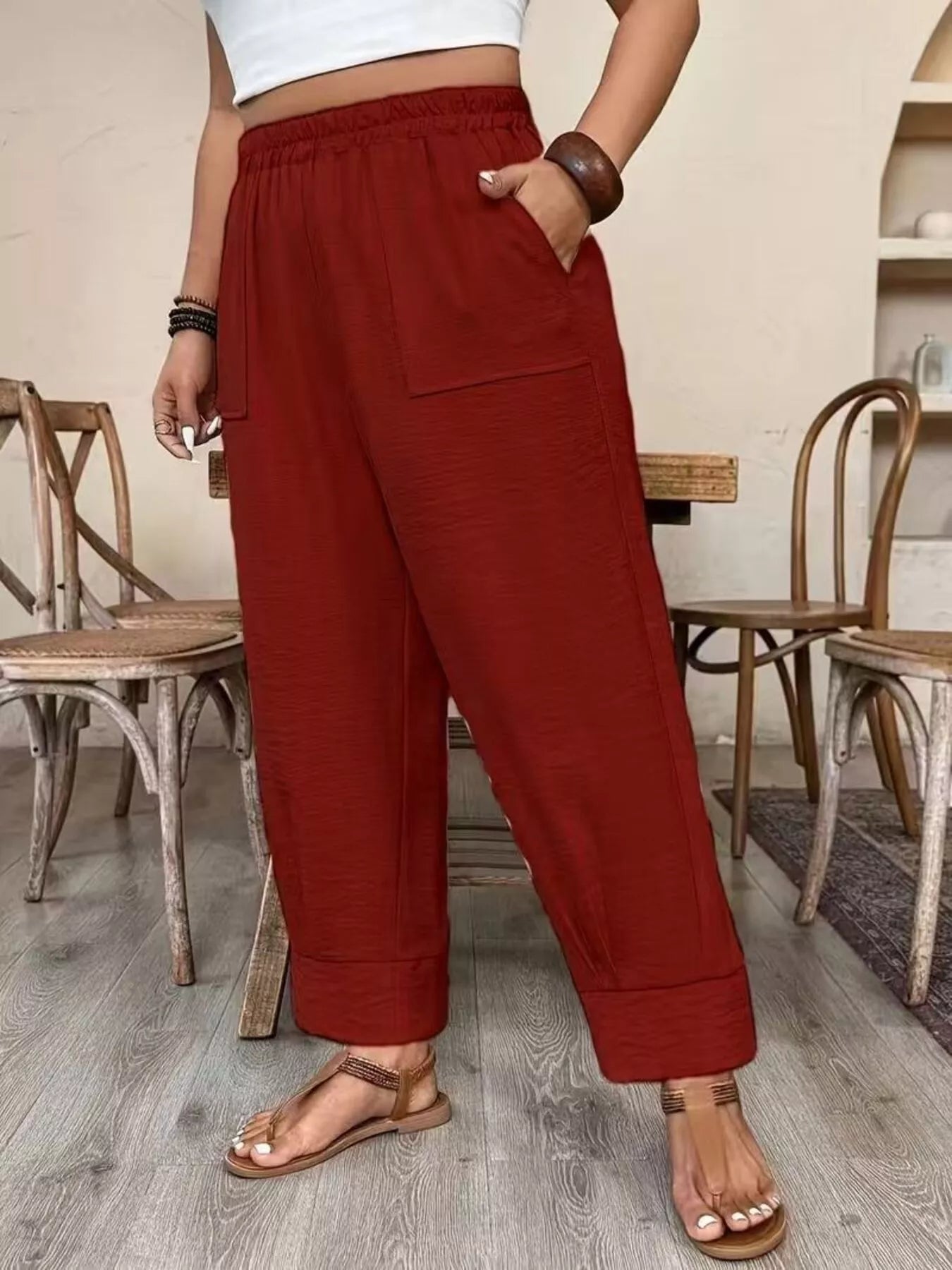 Trendsi Plus Size High-Waisted Elastic Waist Pants with Pockets -