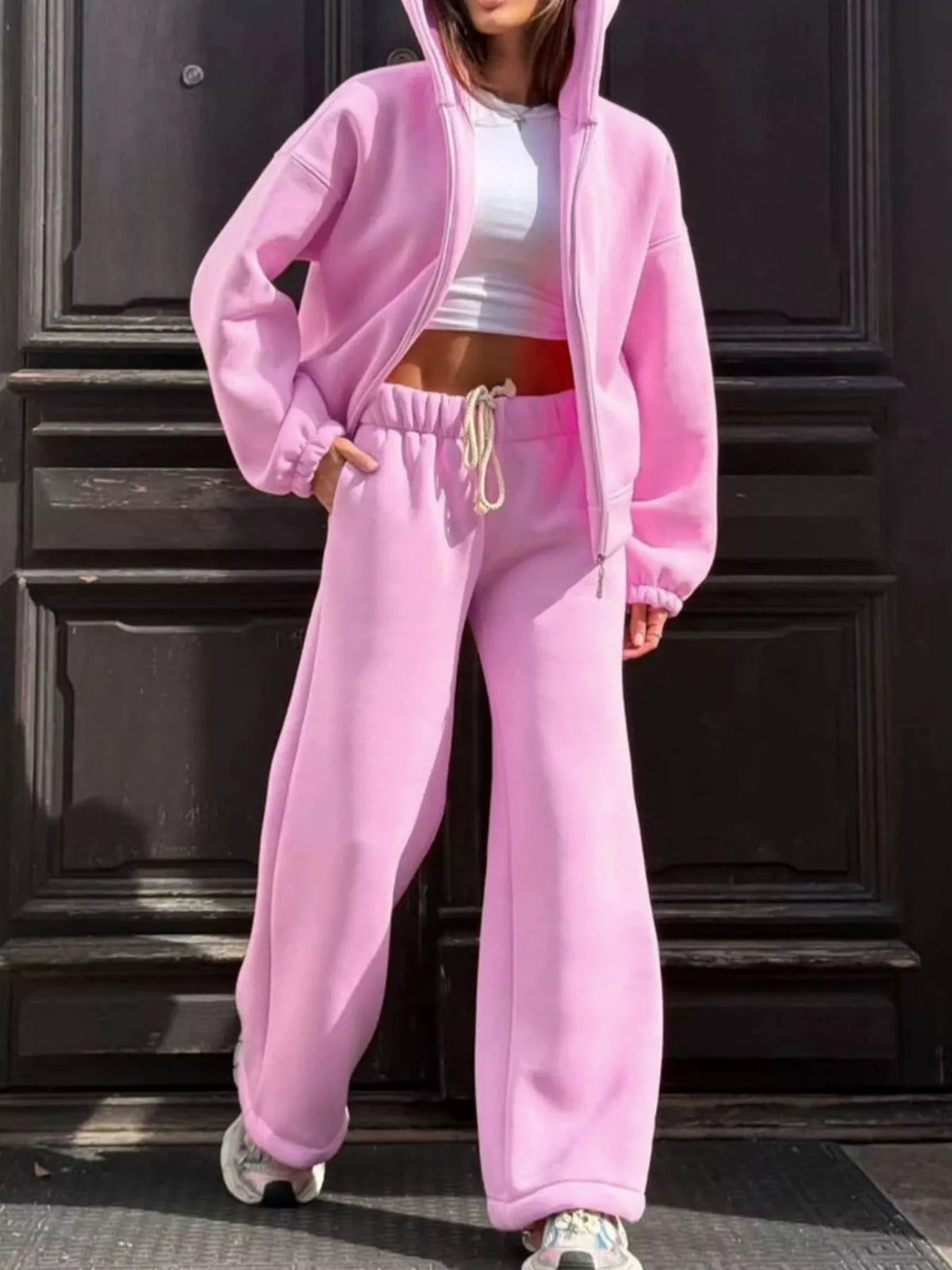 Trendsi Zip-Up Hoodie and Wide-Leg Sweatpants Set -