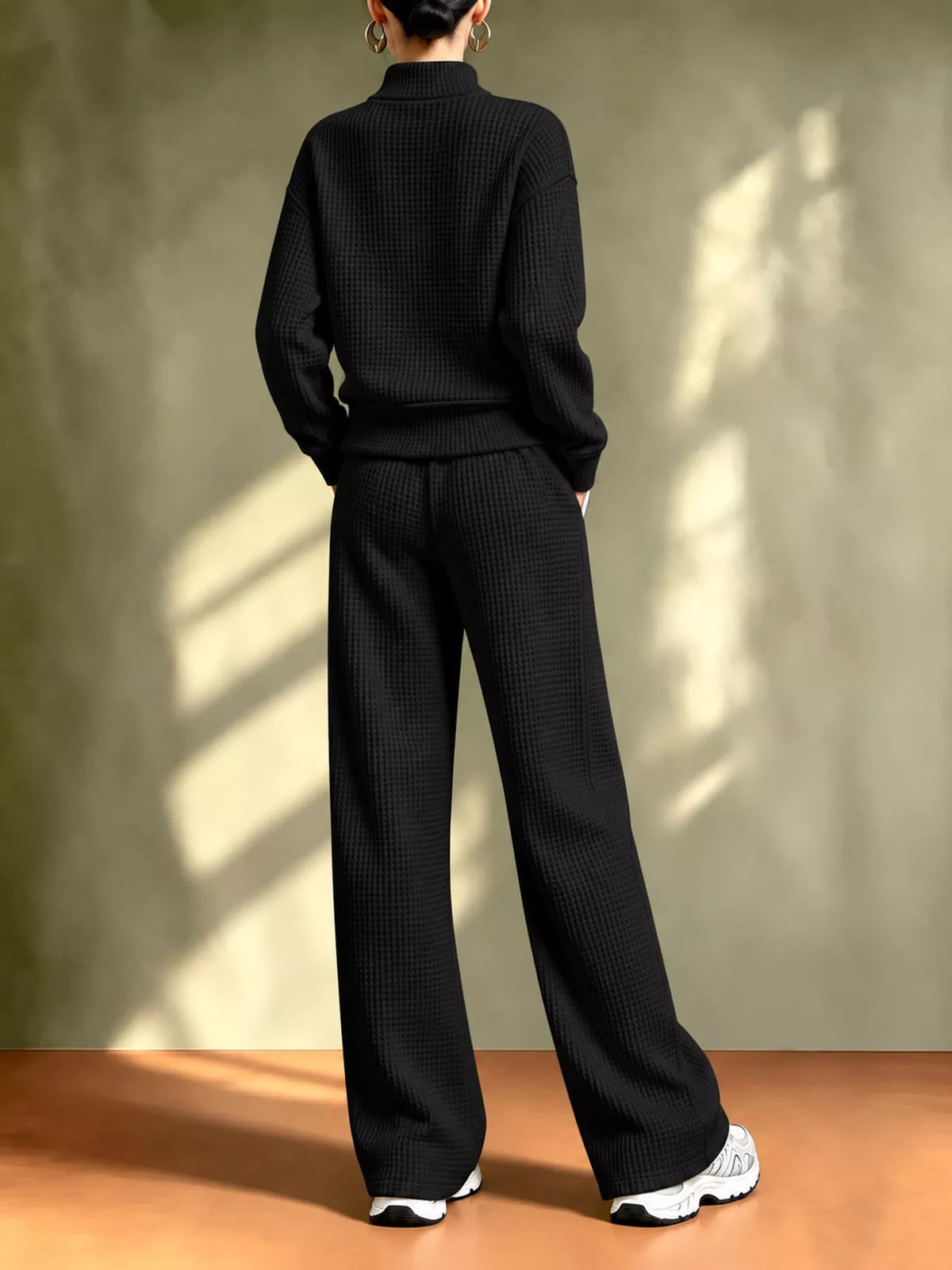 Black waffle knit button-up outerwear and wide-leg pants set, back view