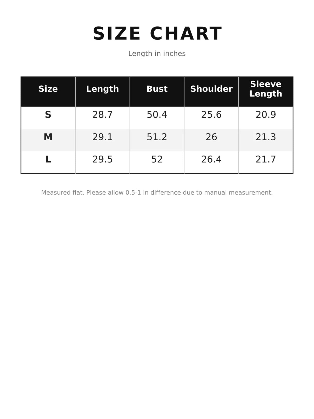 Size chart for dropped shoulder polo collar sweater