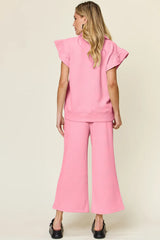 Trendsi Double Take Texture Ruffle Short Sleeve Top and Drawstring Wide Leg Pants Set -
