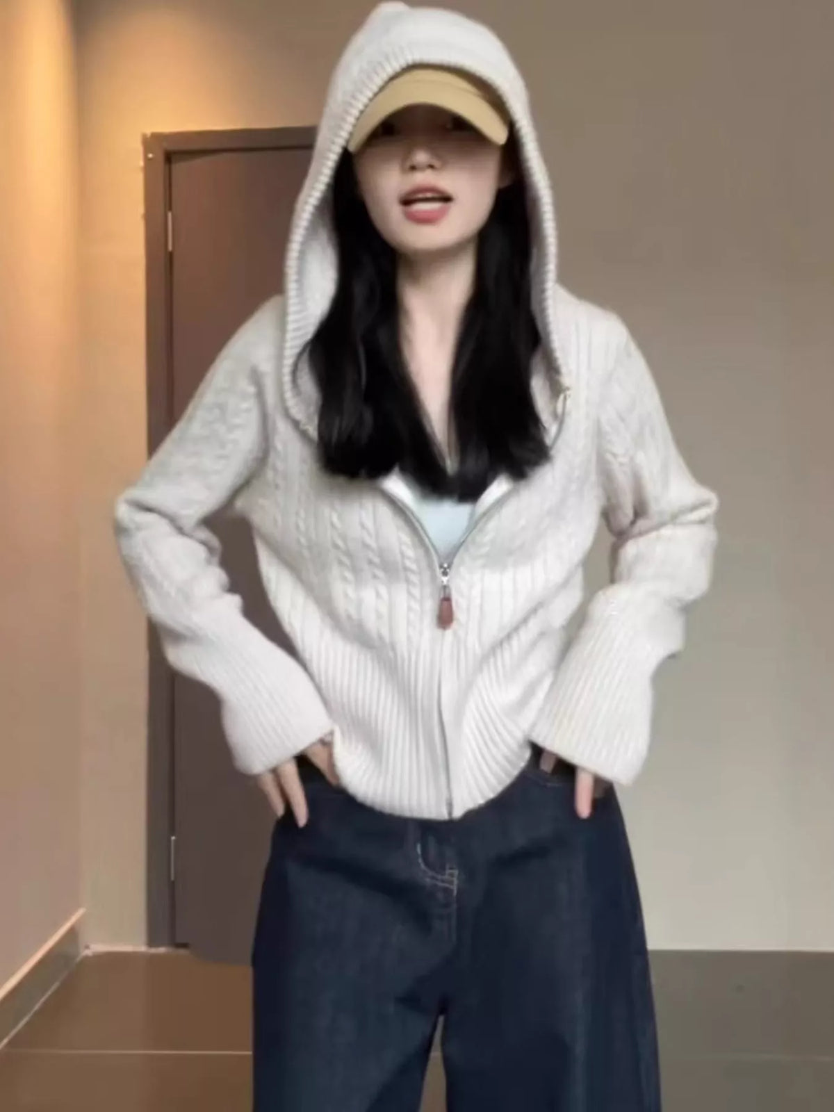 Hooded Cable-Knit Zip-Up Cardigan in off-white