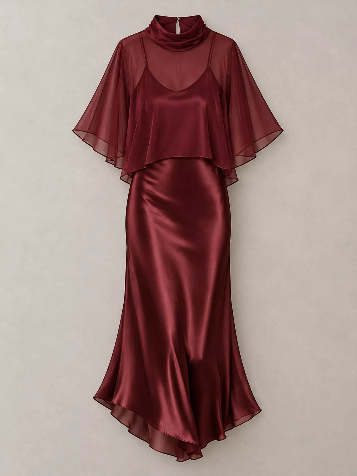 Burgundy satin cami dress and sheer cover up set — front view
