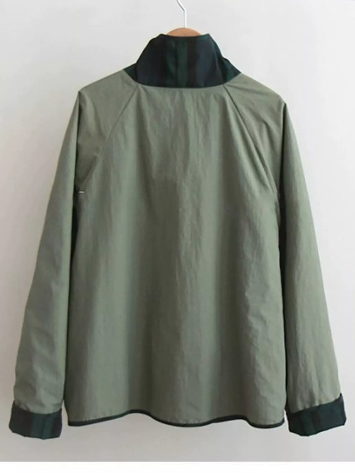 Reversible Jacket with Contrast Plaid Detailing, back view in khaki