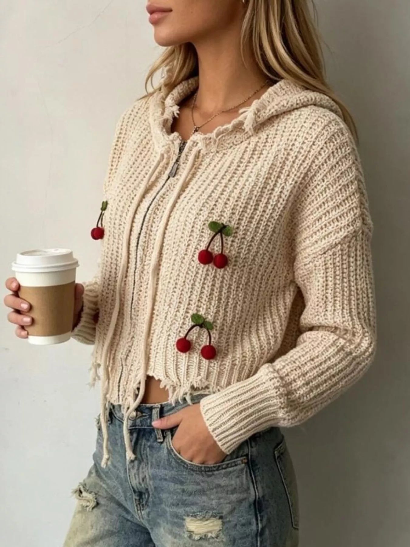 Trendsi Cherry Knit Zip-Up Hooded Sweater -