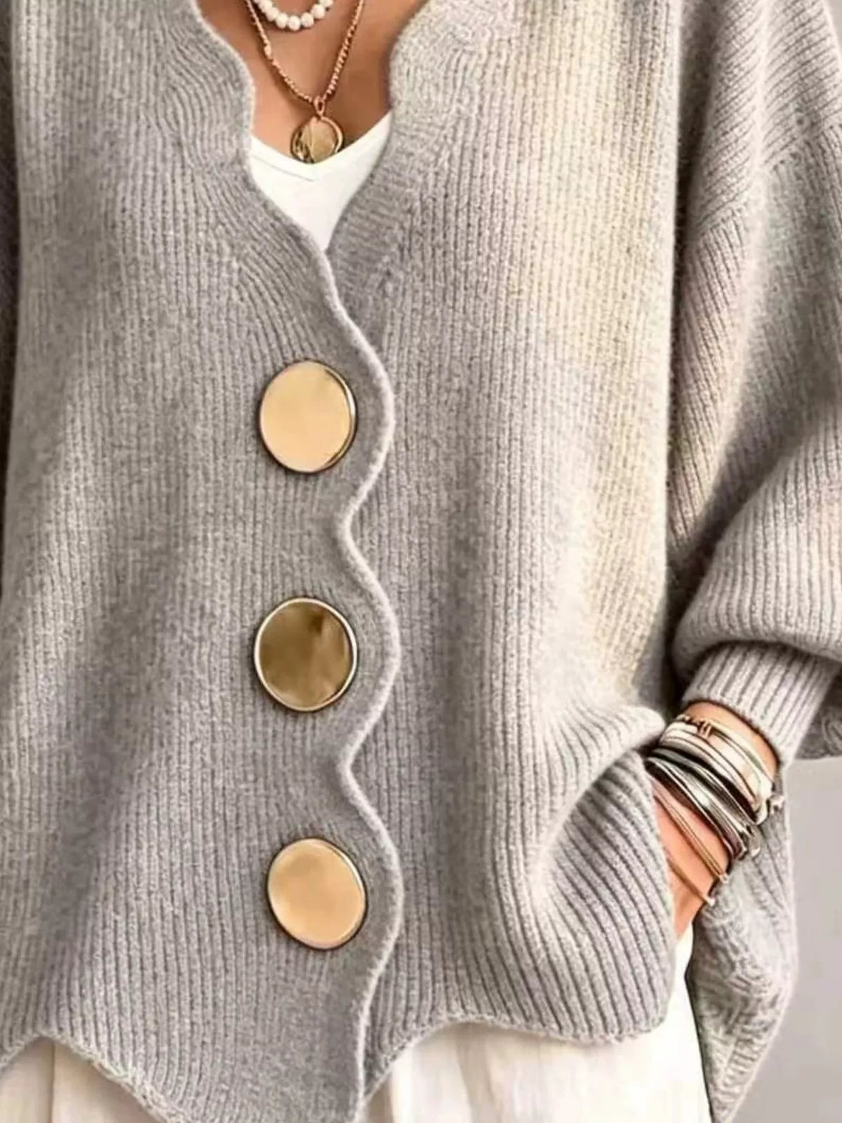 Women's Scalloped-Edge Oversized Button-Down Cardigan in Light Gray, back view