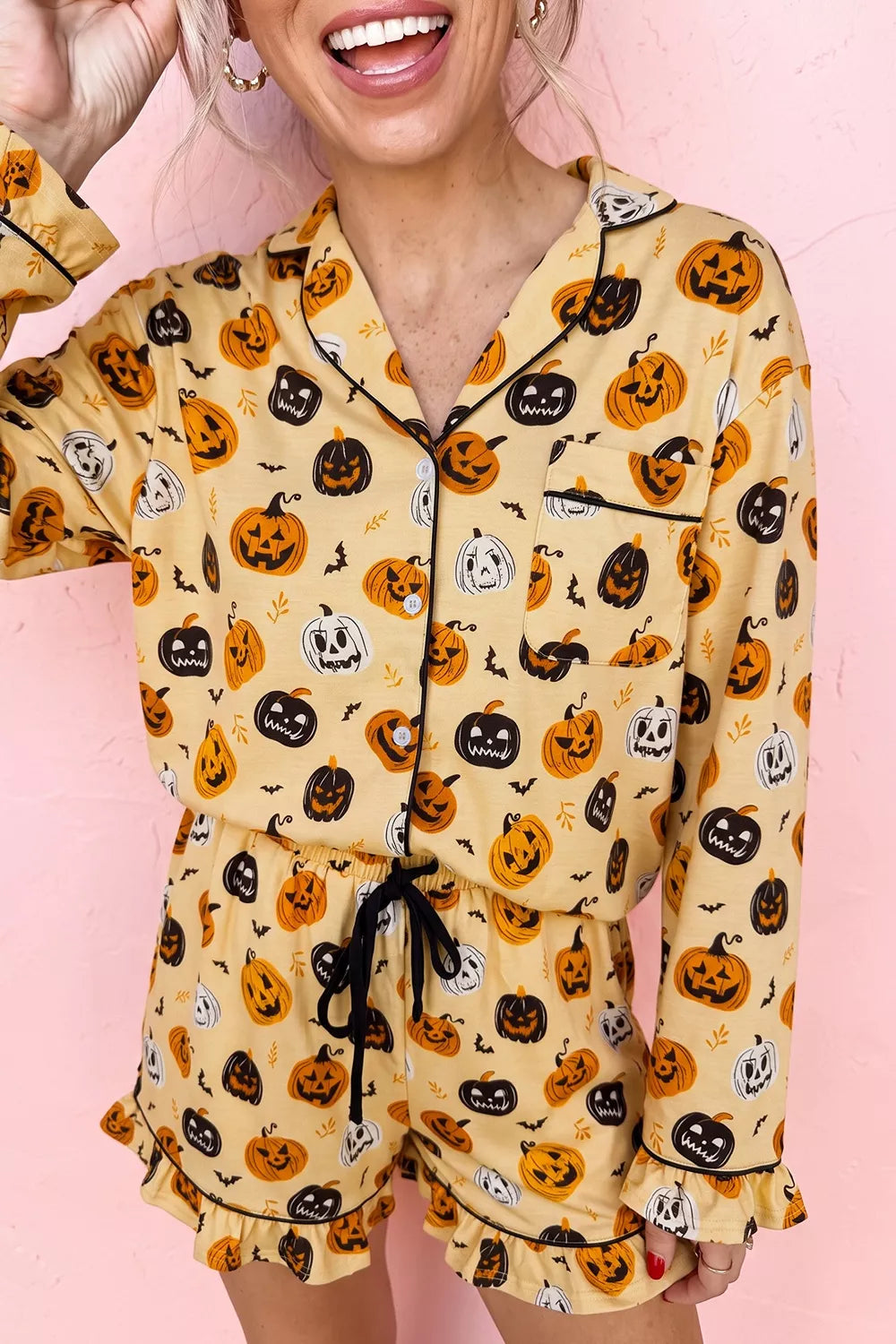 Trendsi Halloween Pumpkin Print Long Sleeve Two Piece Lounge Set -