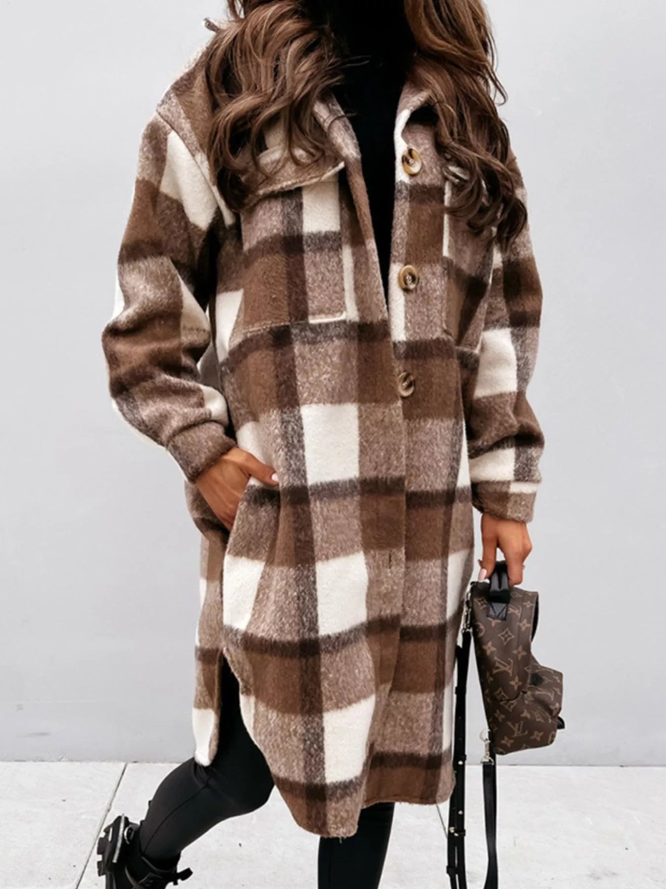 Trendsi Longline Plaid Button Up Coat -