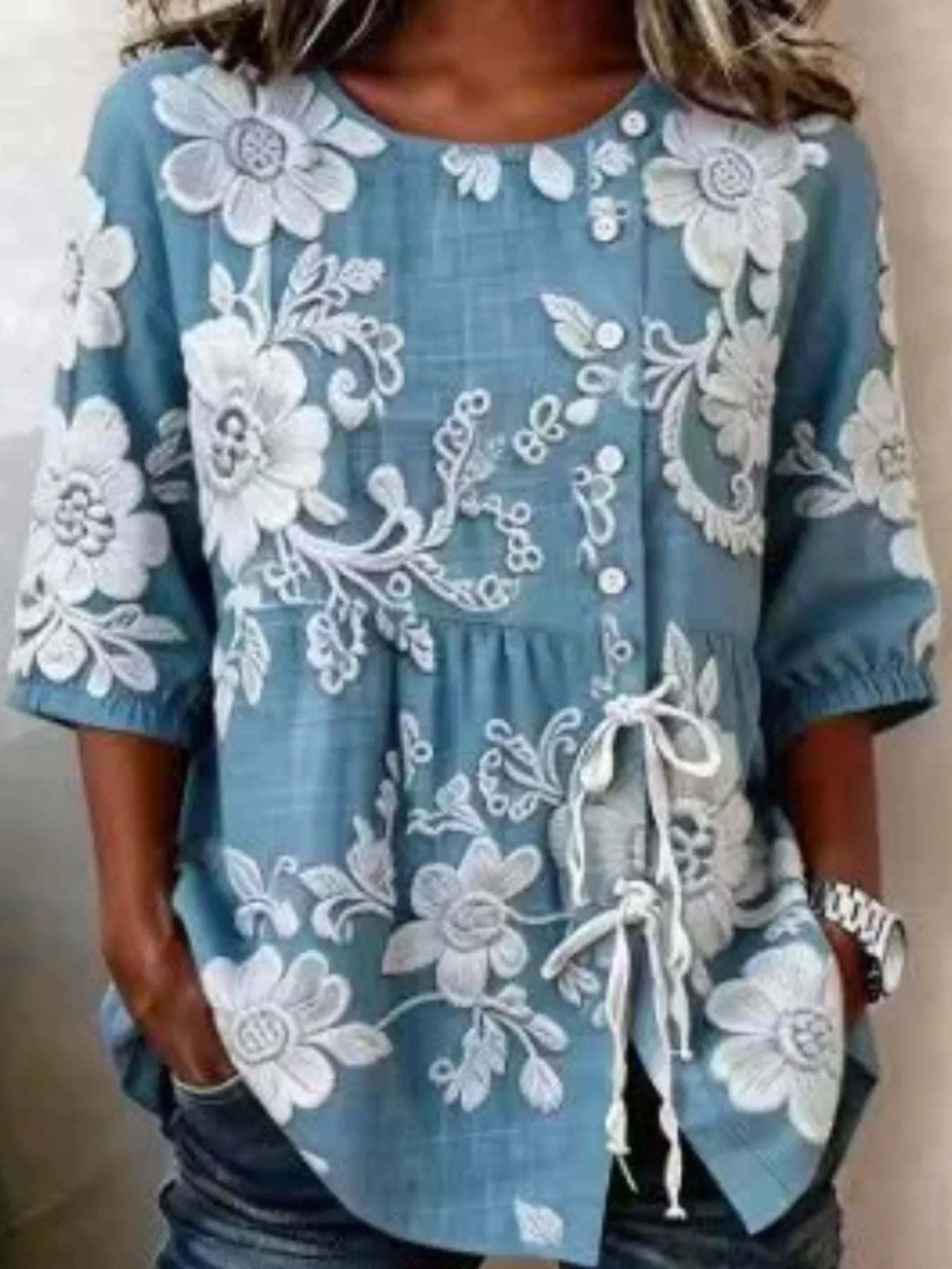 Trendsi Full Size Embroidered Floral Tie Front Shirt Plus Size -