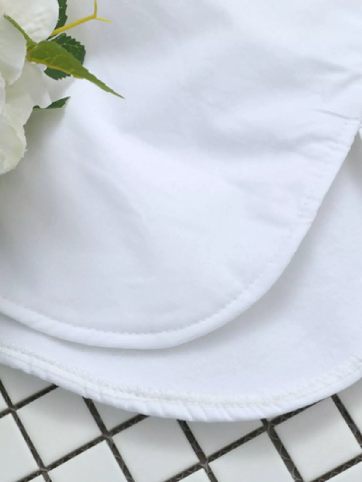Ruffle-Neck Longline Blouse with Elastic Waist, detail view in white