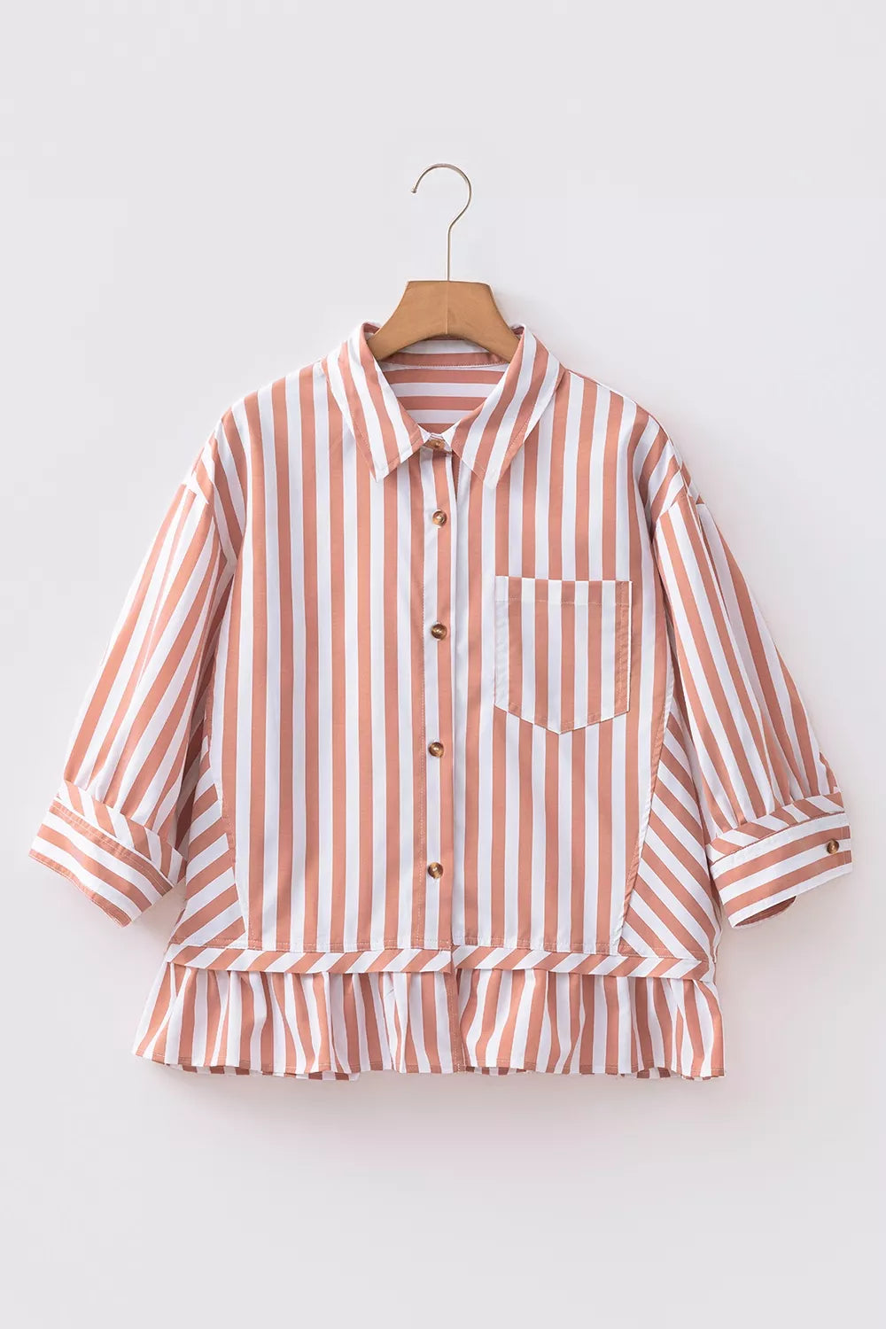 Women's pale blush striped button-front bracelet sleeve ruffle hem shirt