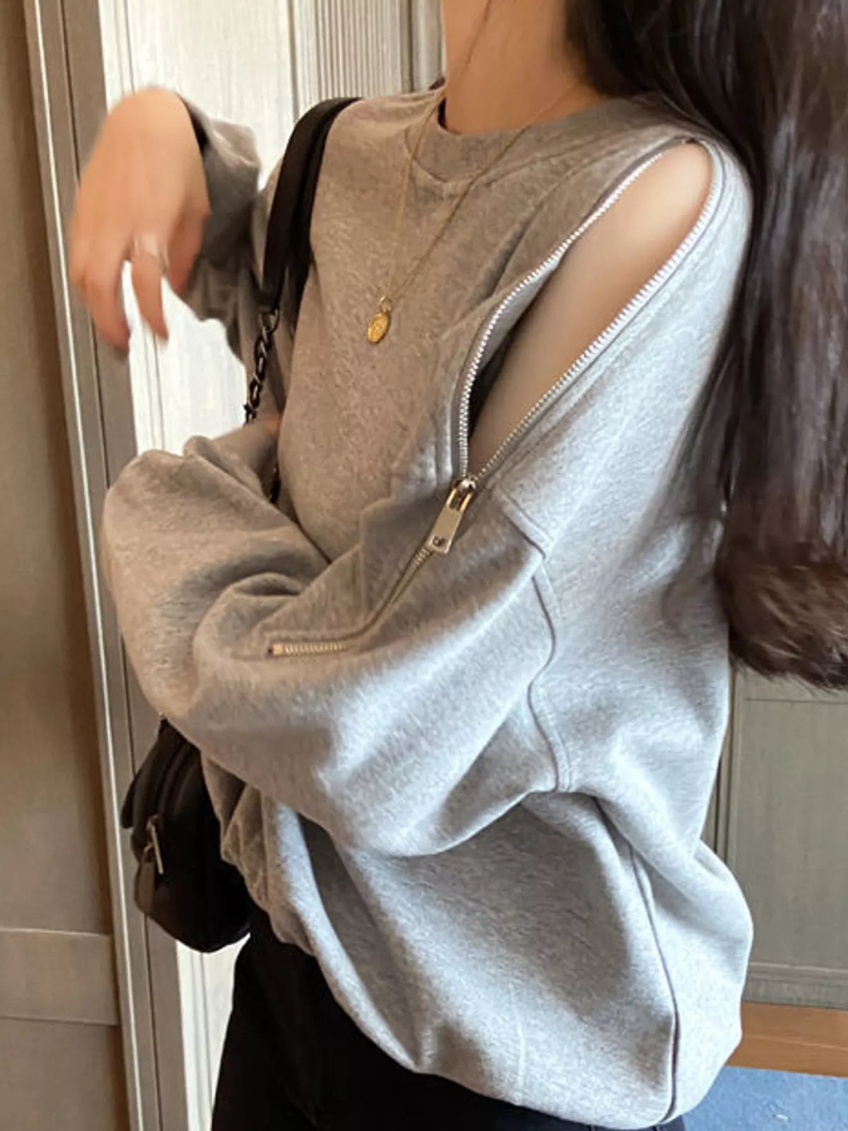 Women's Cold-Shoulder Zipper Detail Sweatshirt in gray — front view