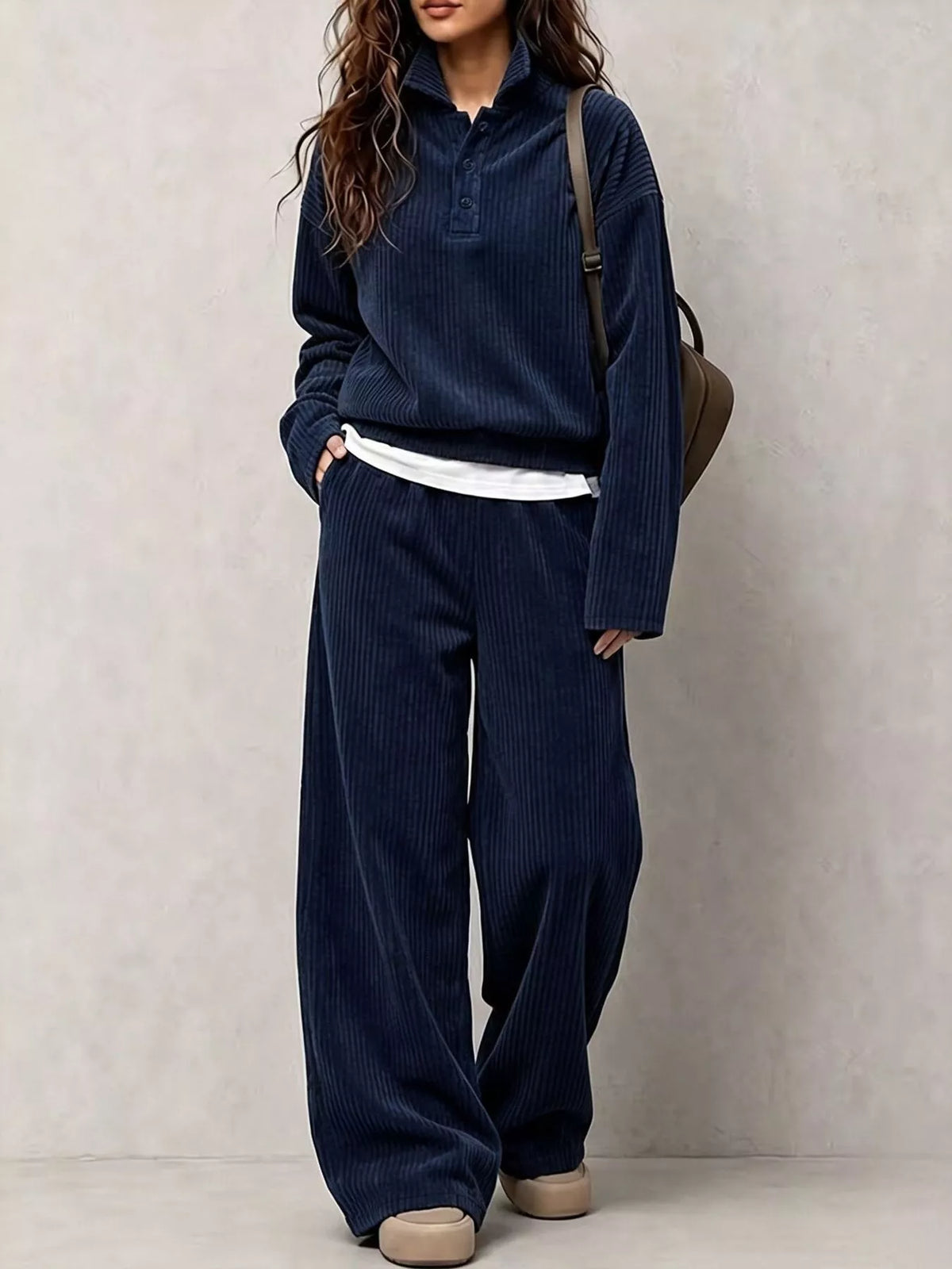 Women's Corduroy Button Detail Top and Wide-Leg Pants Set in navy — front view