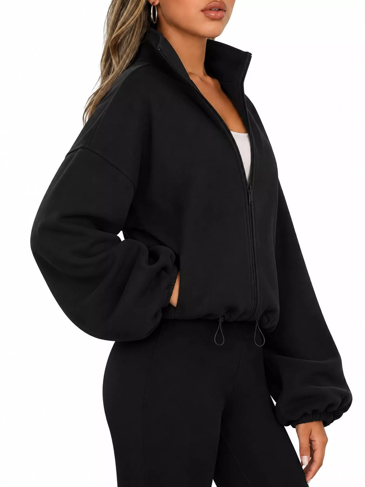 Black drawstring hem zip-up jacket, side view