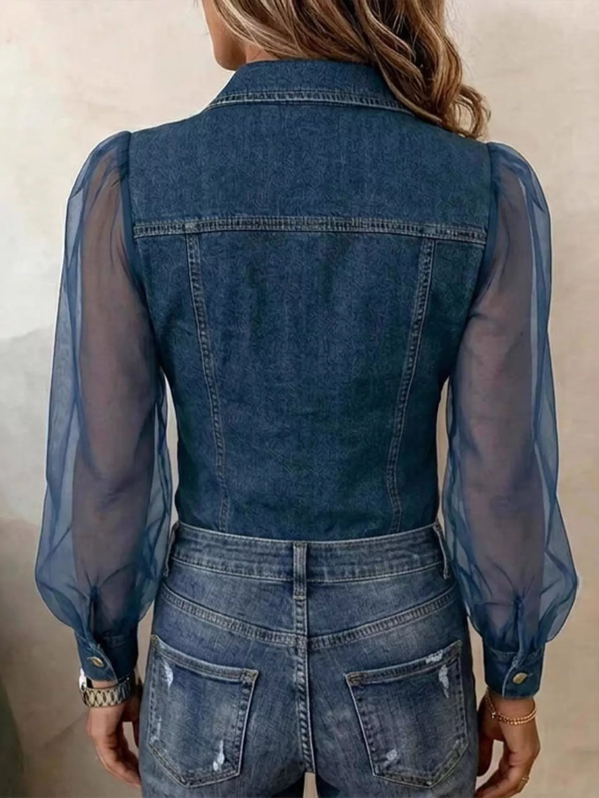 Blue sheer mesh sleeve button-up shirt — back view