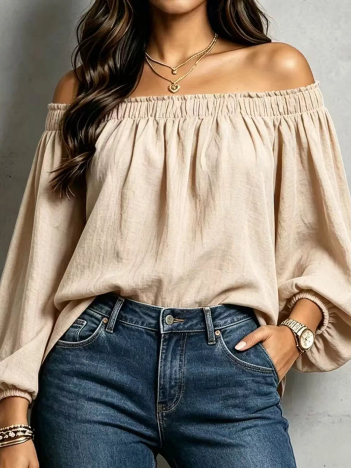 Beige off-shoulder long sleeve blouse
